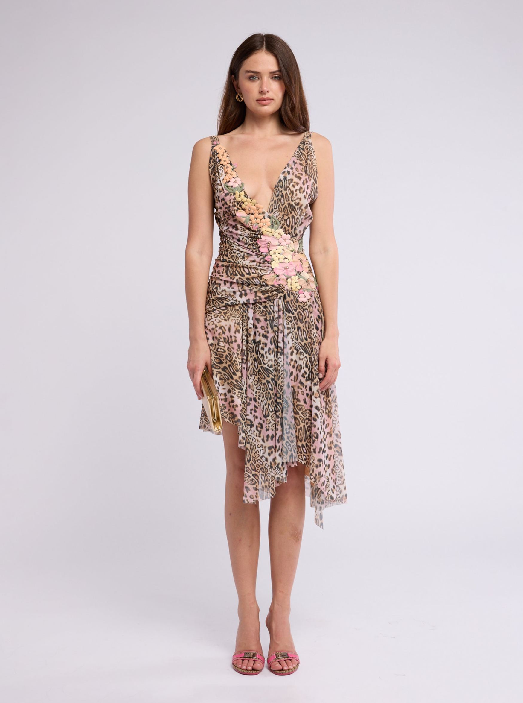 Leopard Floral Appliqué Midi Dress