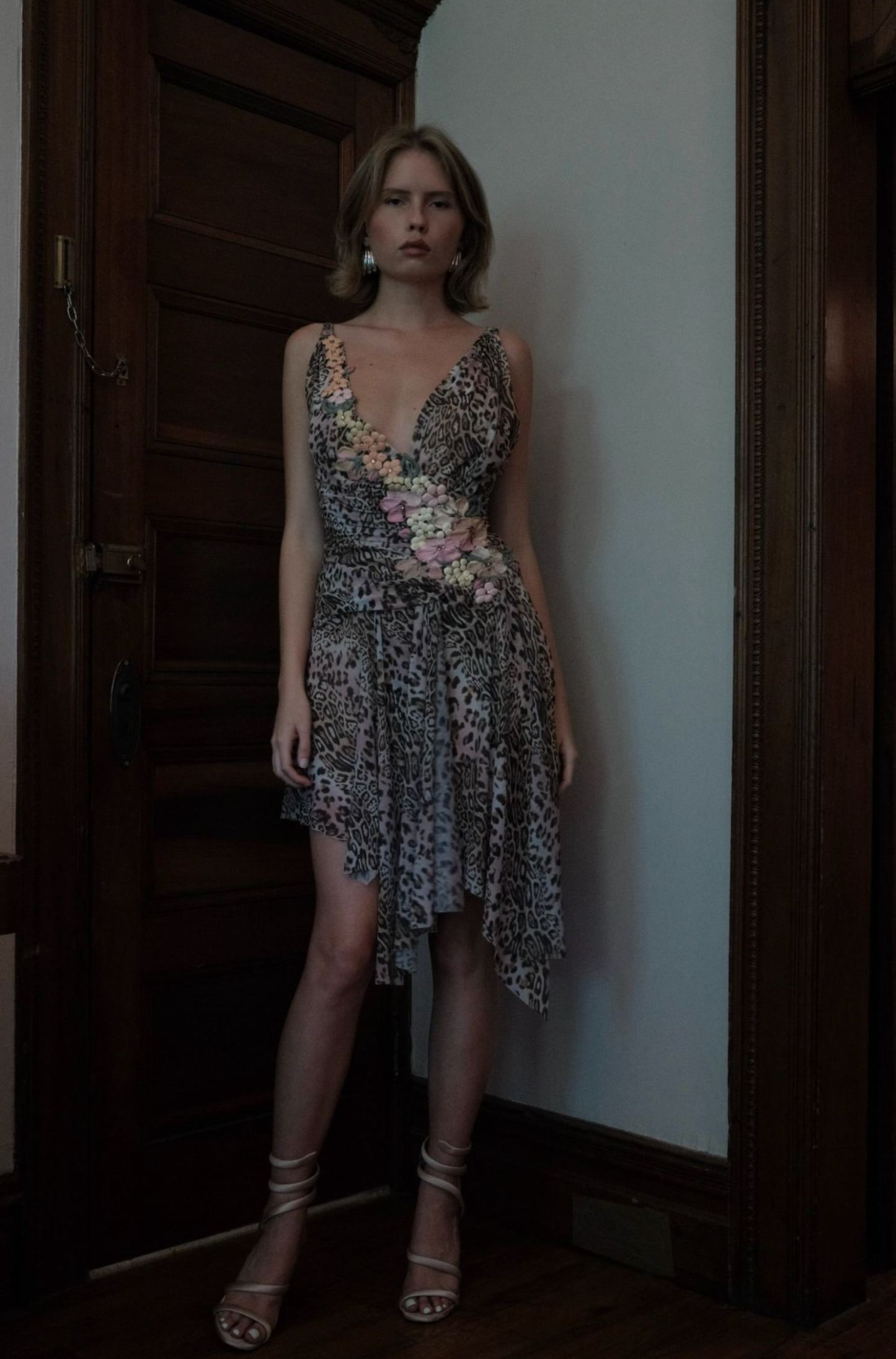 Leopard Floral Appliqué Midi Dress