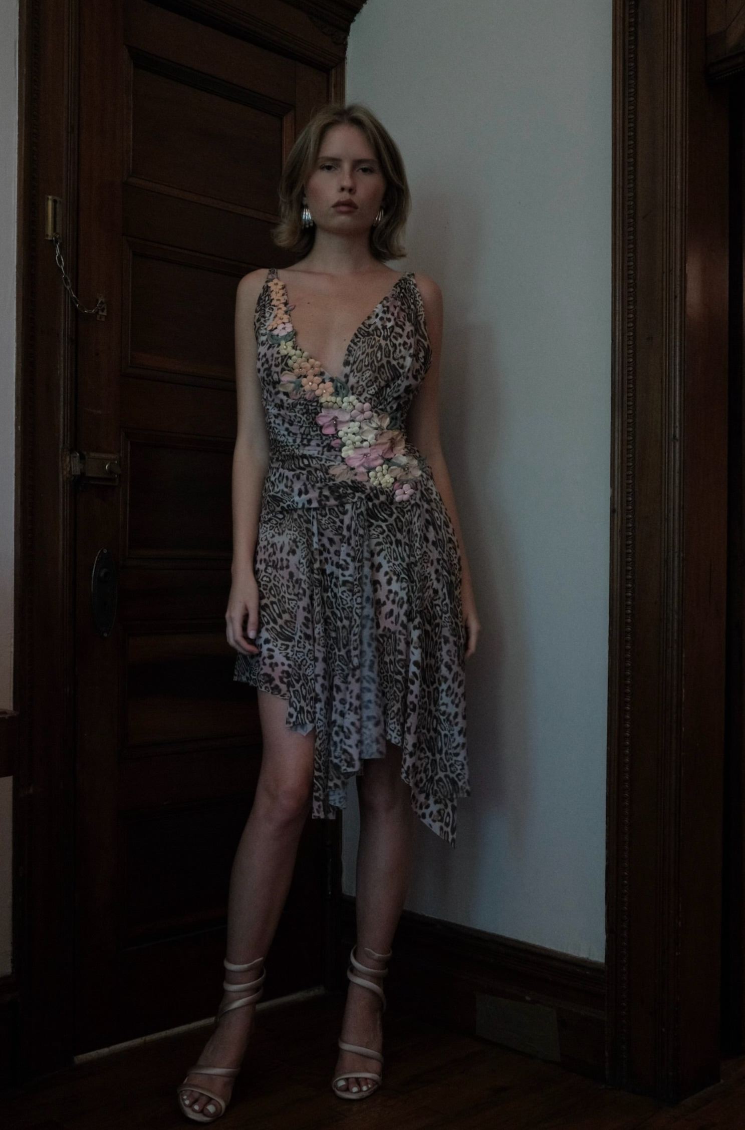 Leopard Floral Appliqué Midi Dress