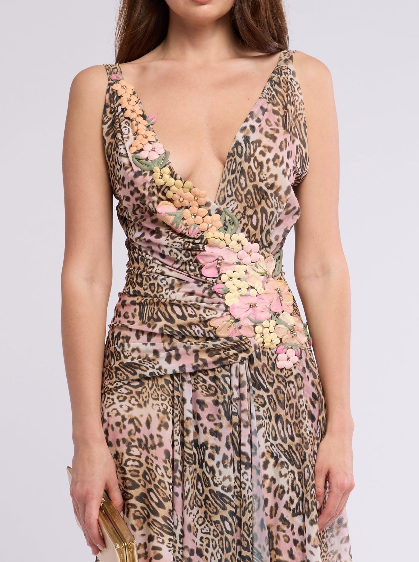Leopard Floral Appliqué Midi Dress