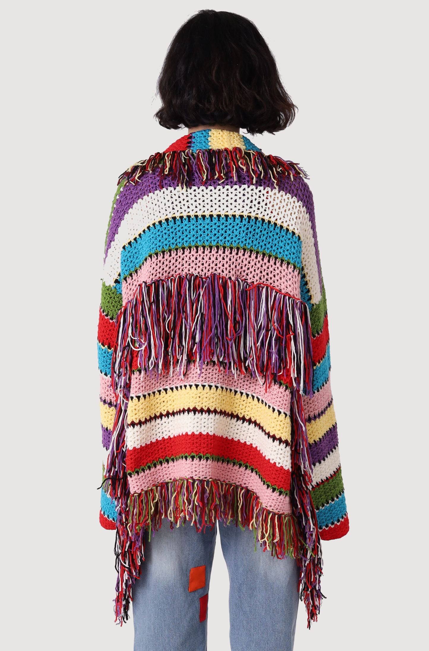 Color‑Block Fringe Crochet Cardigan