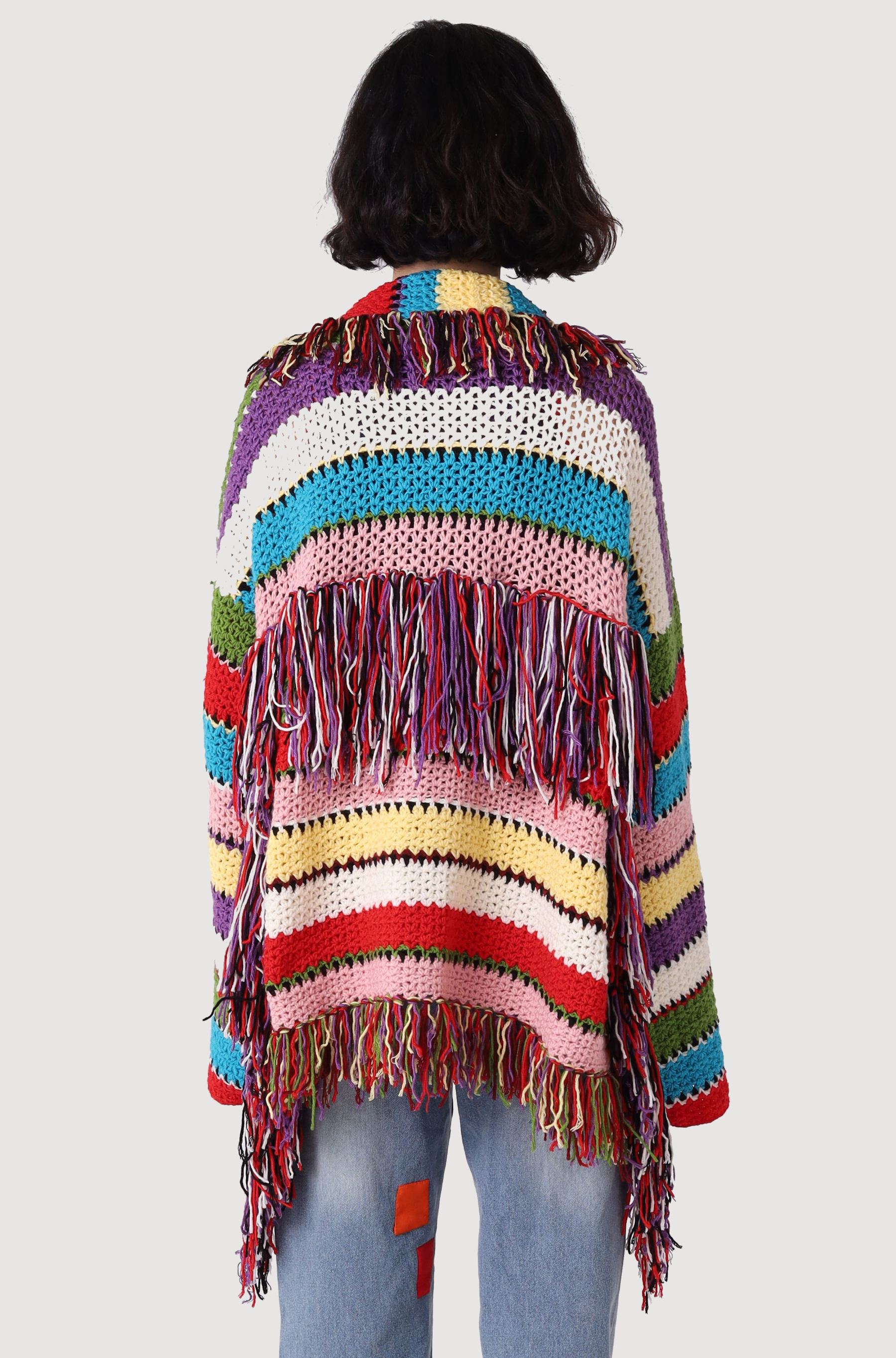 Color‑Block Fringe Crochet Cardigan
