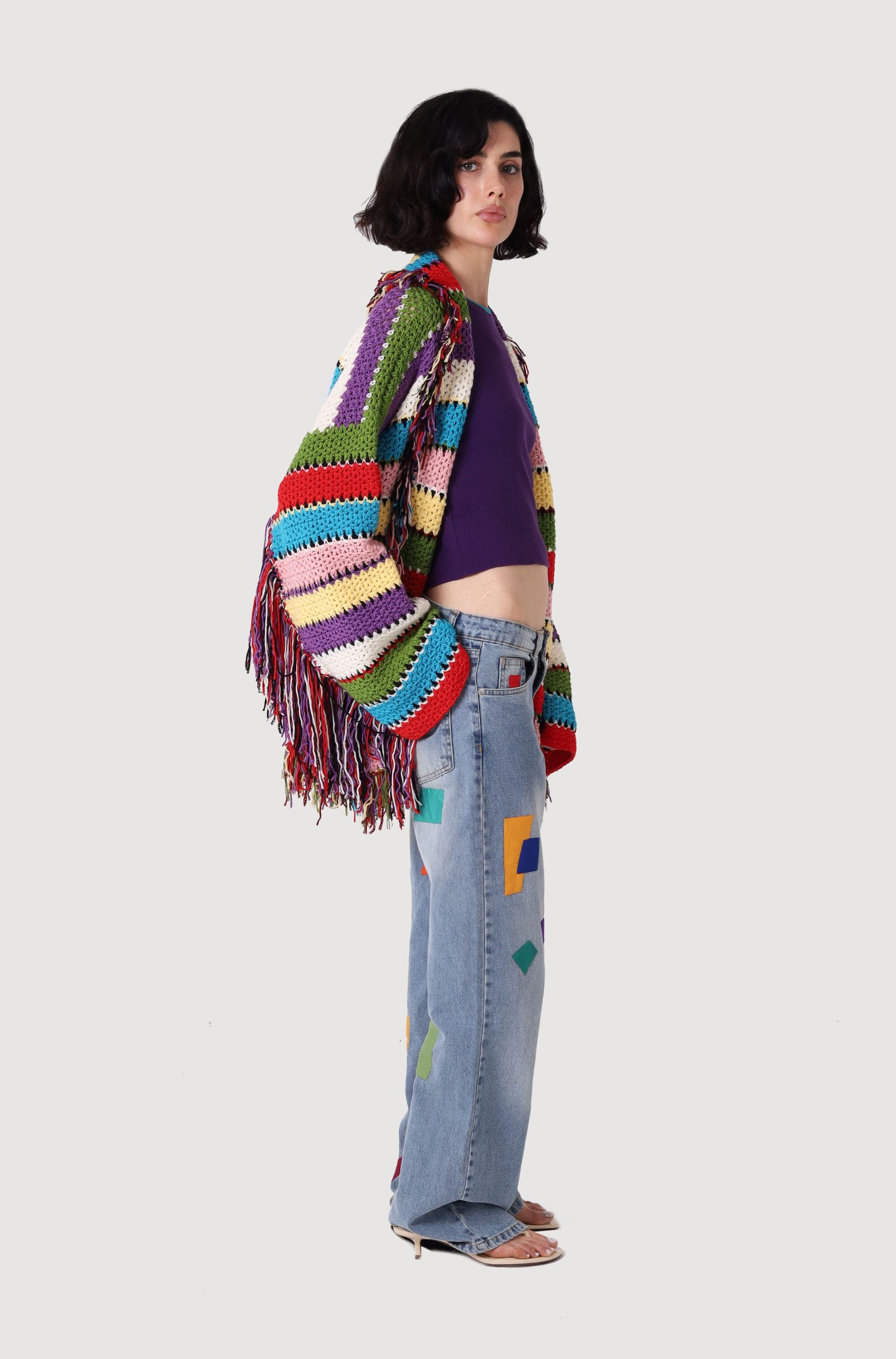 Color‑Block Fringe Crochet Cardigan