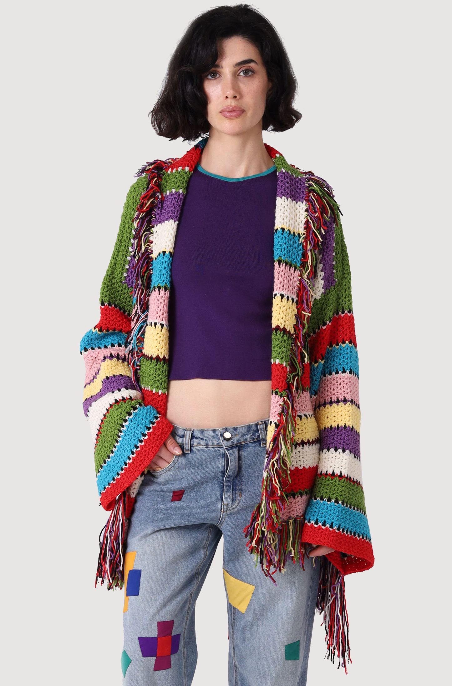 Color‑Block Fringe Crochet Cardigan