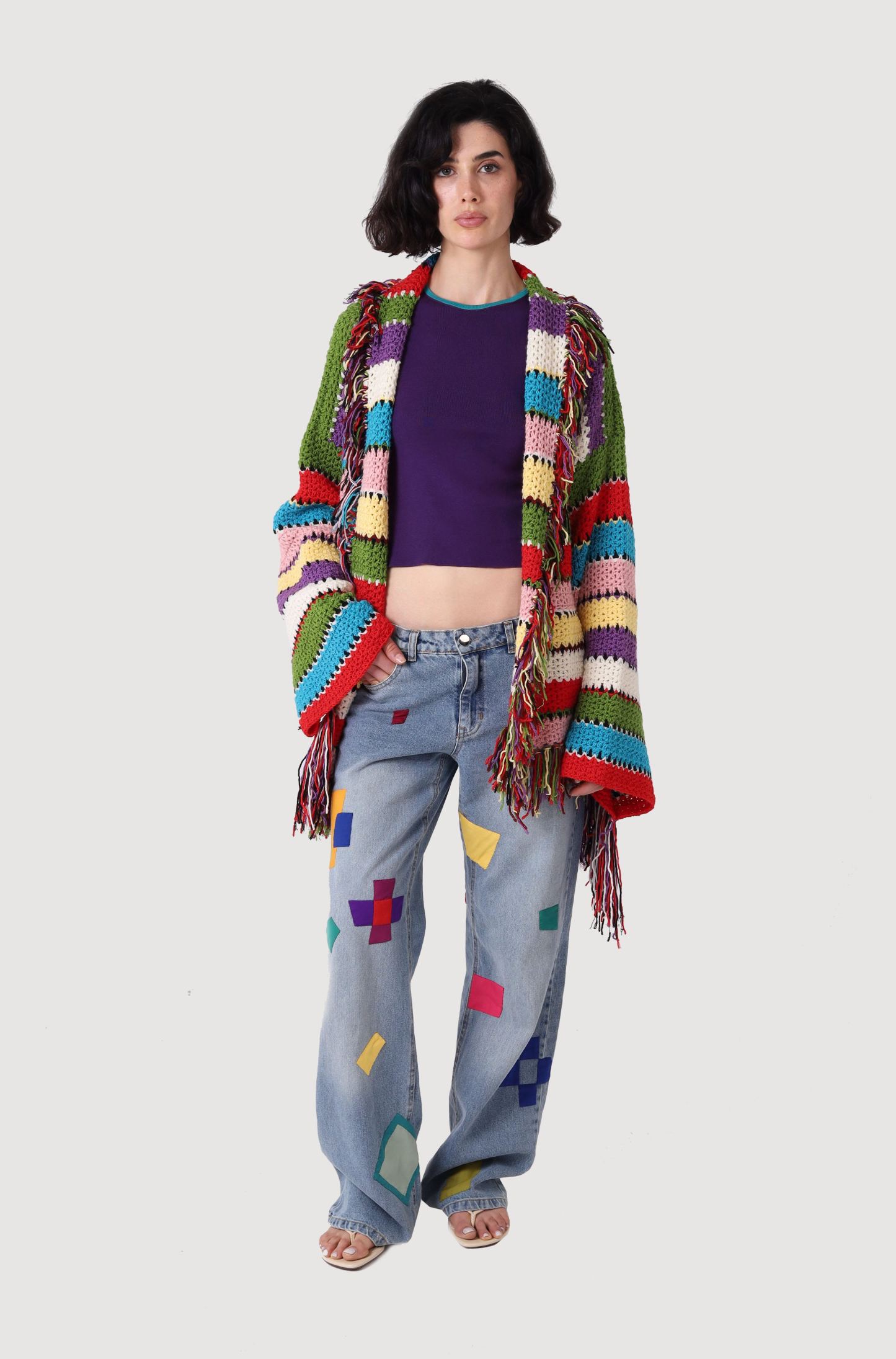 Color‑Block Fringe Crochet Cardigan