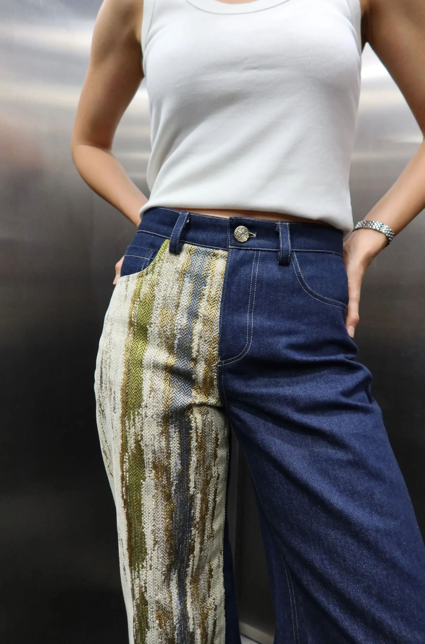 Mixed-Fabric Panel Wide-Leg Jeans