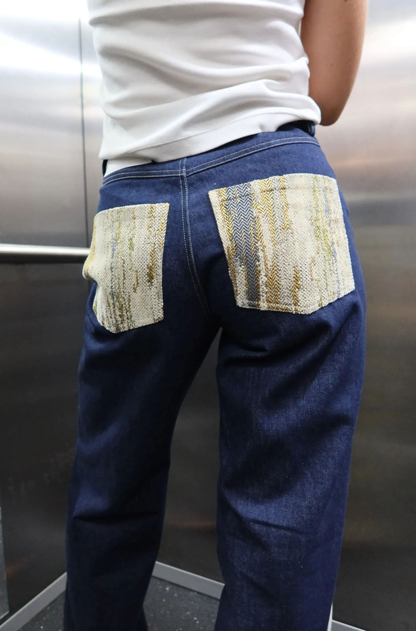 Mixed-Fabric Panel Wide-Leg Jeans