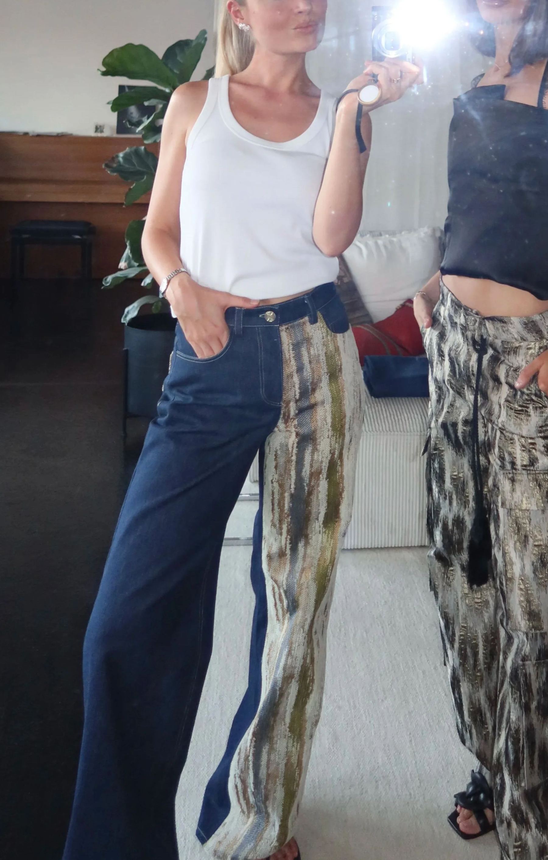 Mixed-Fabric Panel Wide-Leg Jeans
