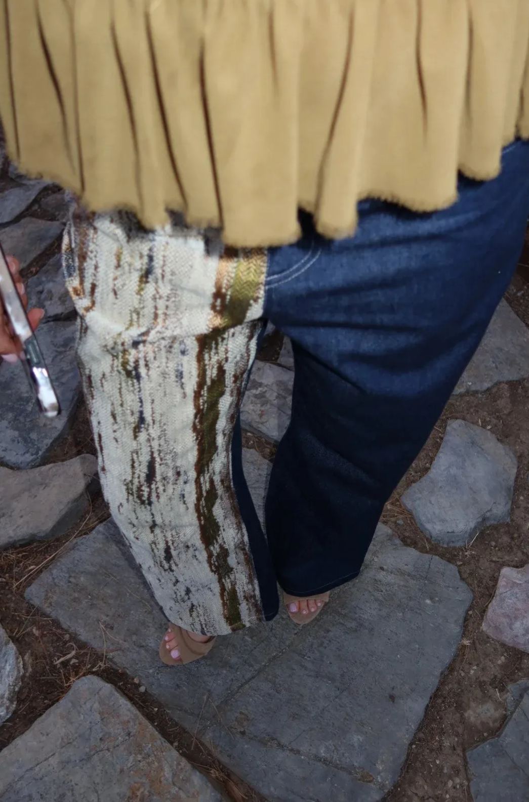 Mixed-Fabric Panel Wide-Leg Jeans