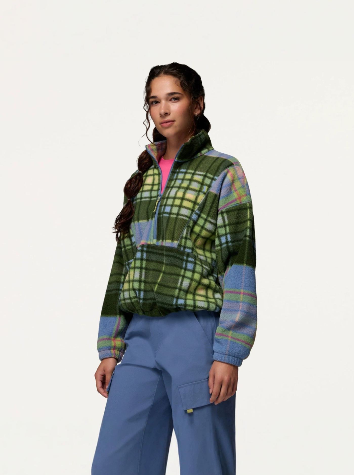 Patchwork Plaid Half-Zip Fleece Pullover