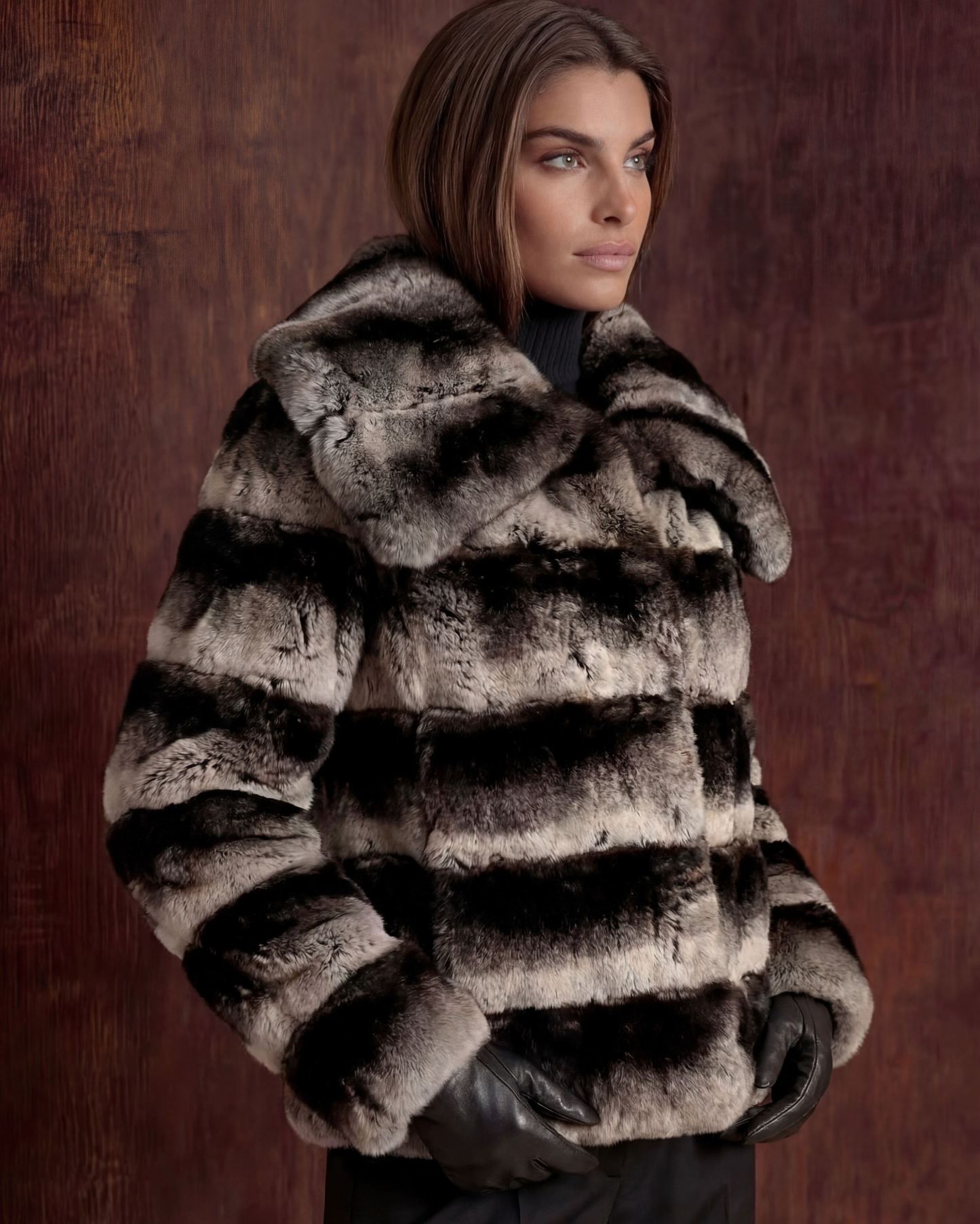 Striped Faux‑Fur Shawl‑Collar Mid‑Length Coat