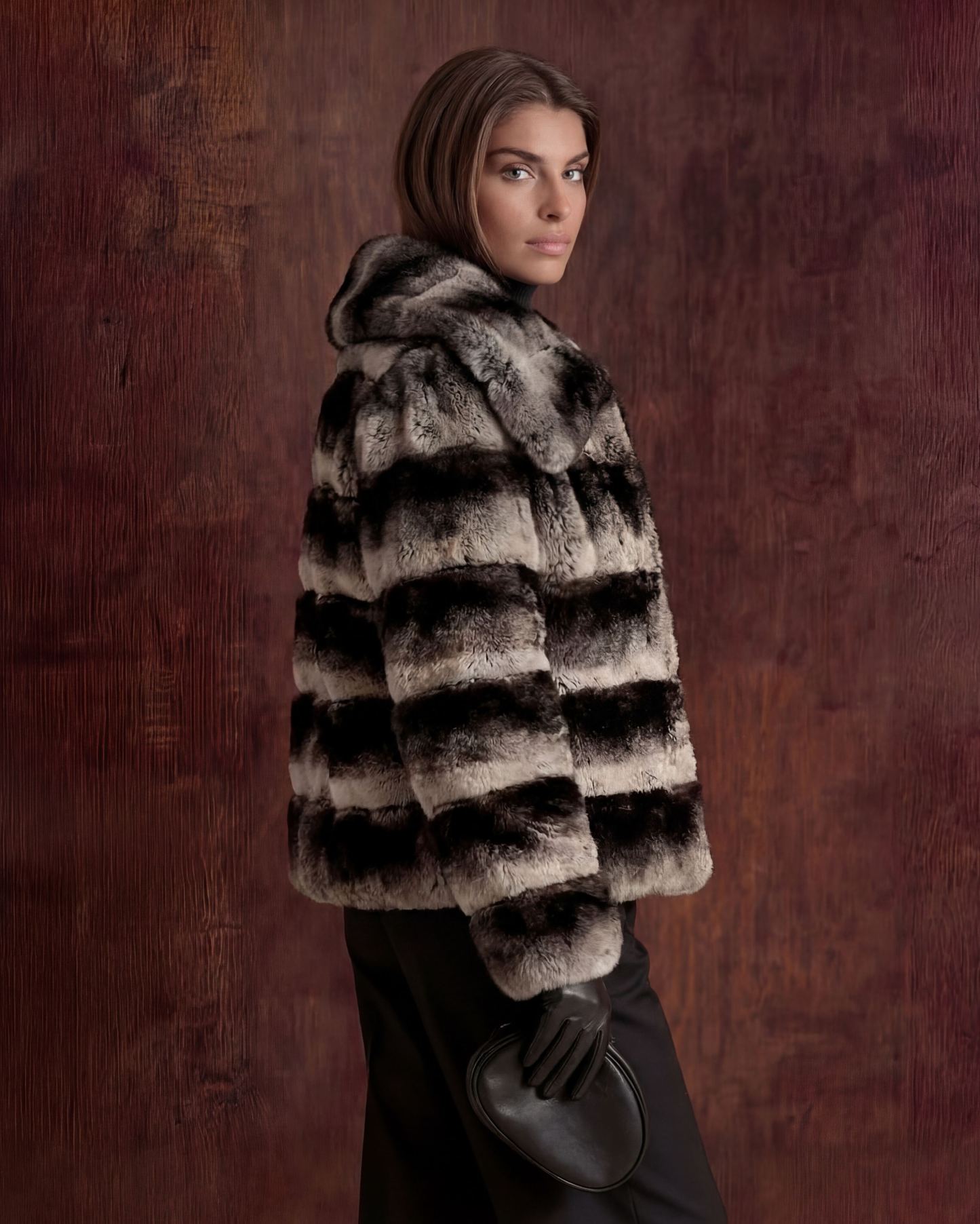 Striped Faux‑Fur Shawl‑Collar Mid‑Length Coat