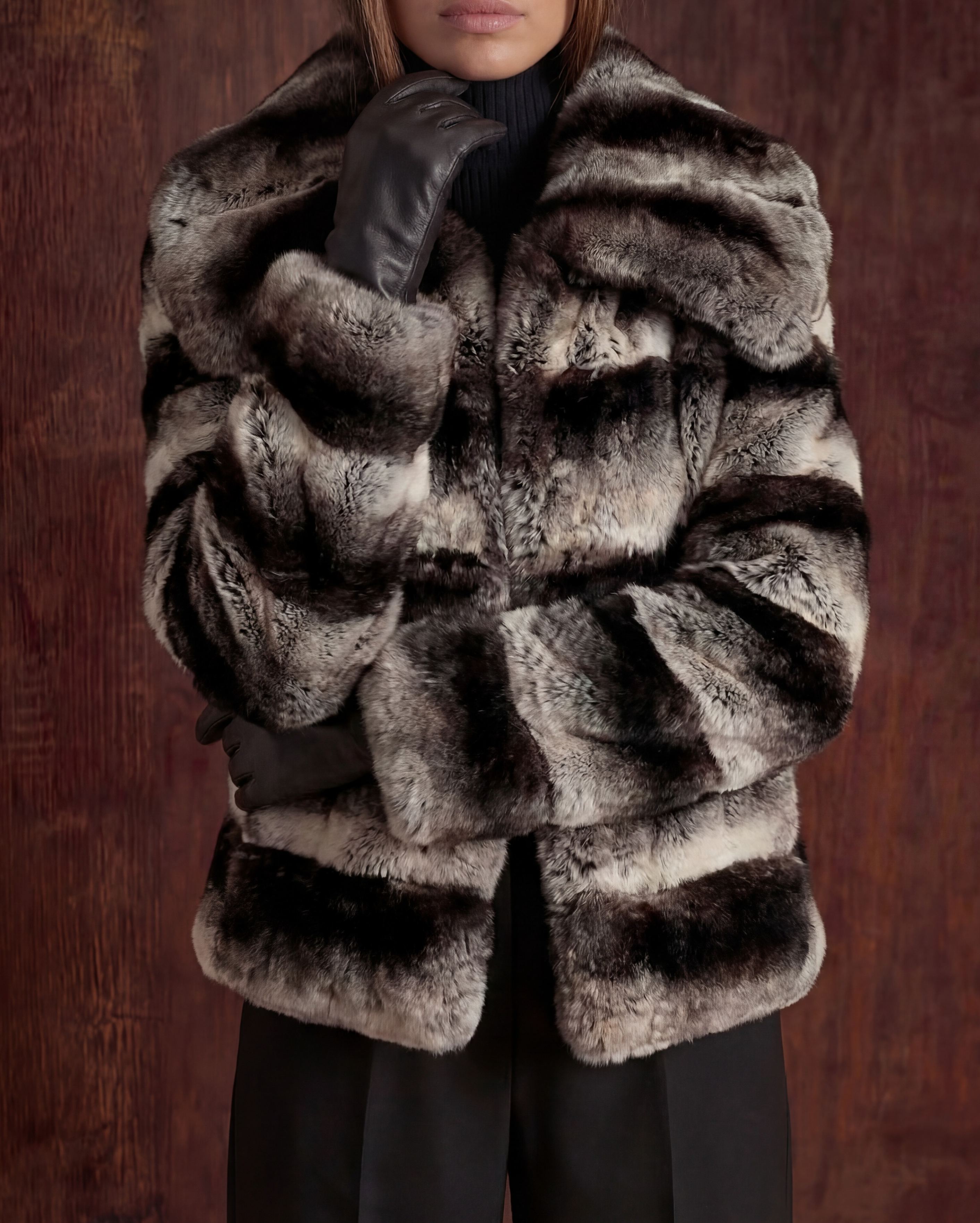 Striped Faux‑Fur Shawl‑Collar Mid‑Length Coat