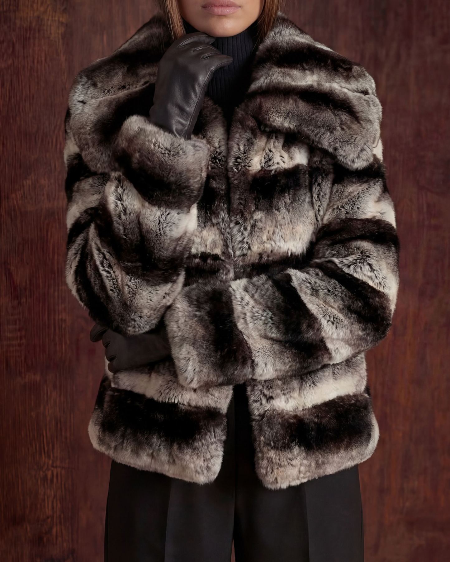 Striped Faux‑Fur Shawl‑Collar Mid‑Length Coat