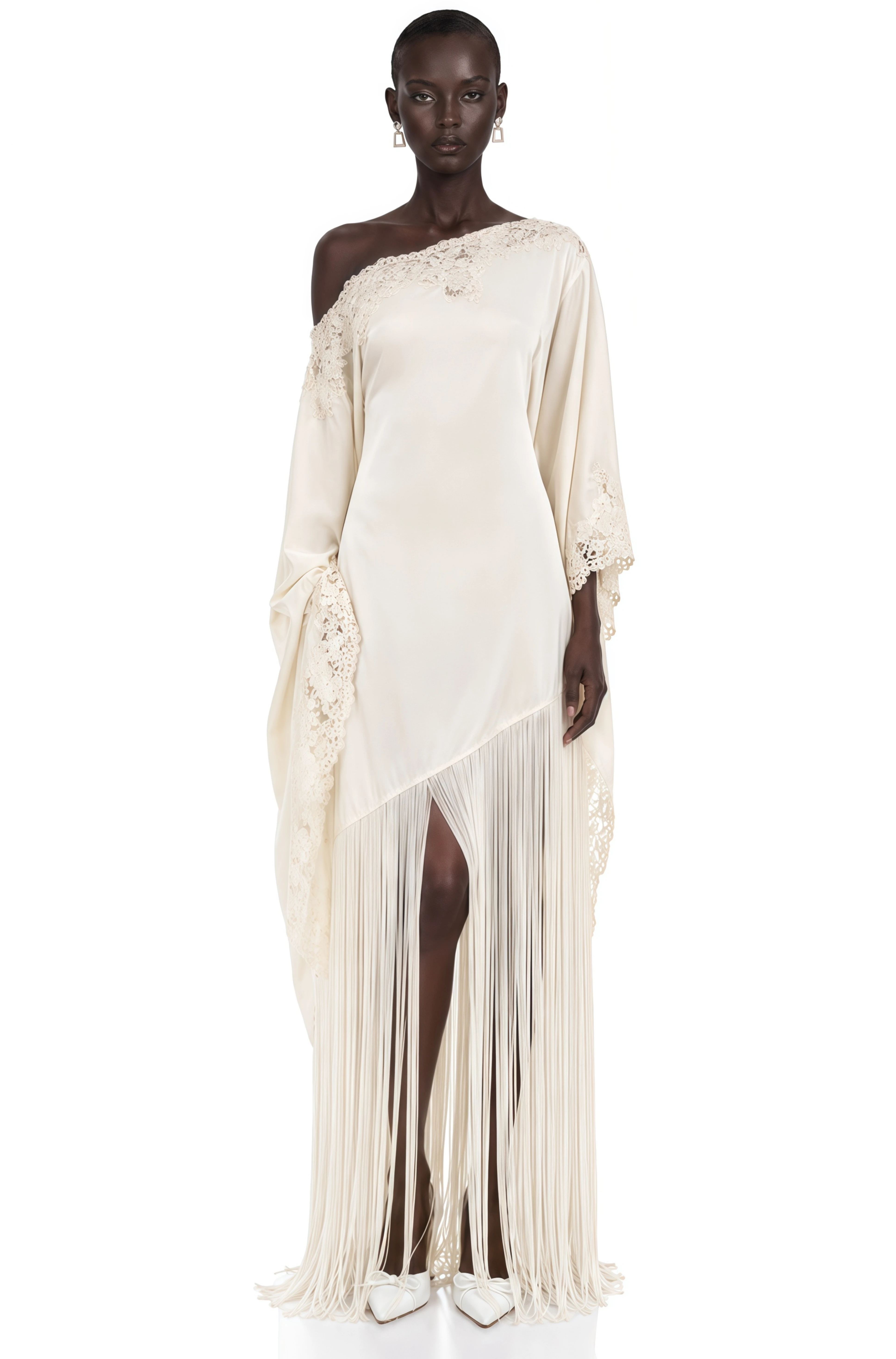 Ivory Lace Trim Fringe One-Shoulder Gown
