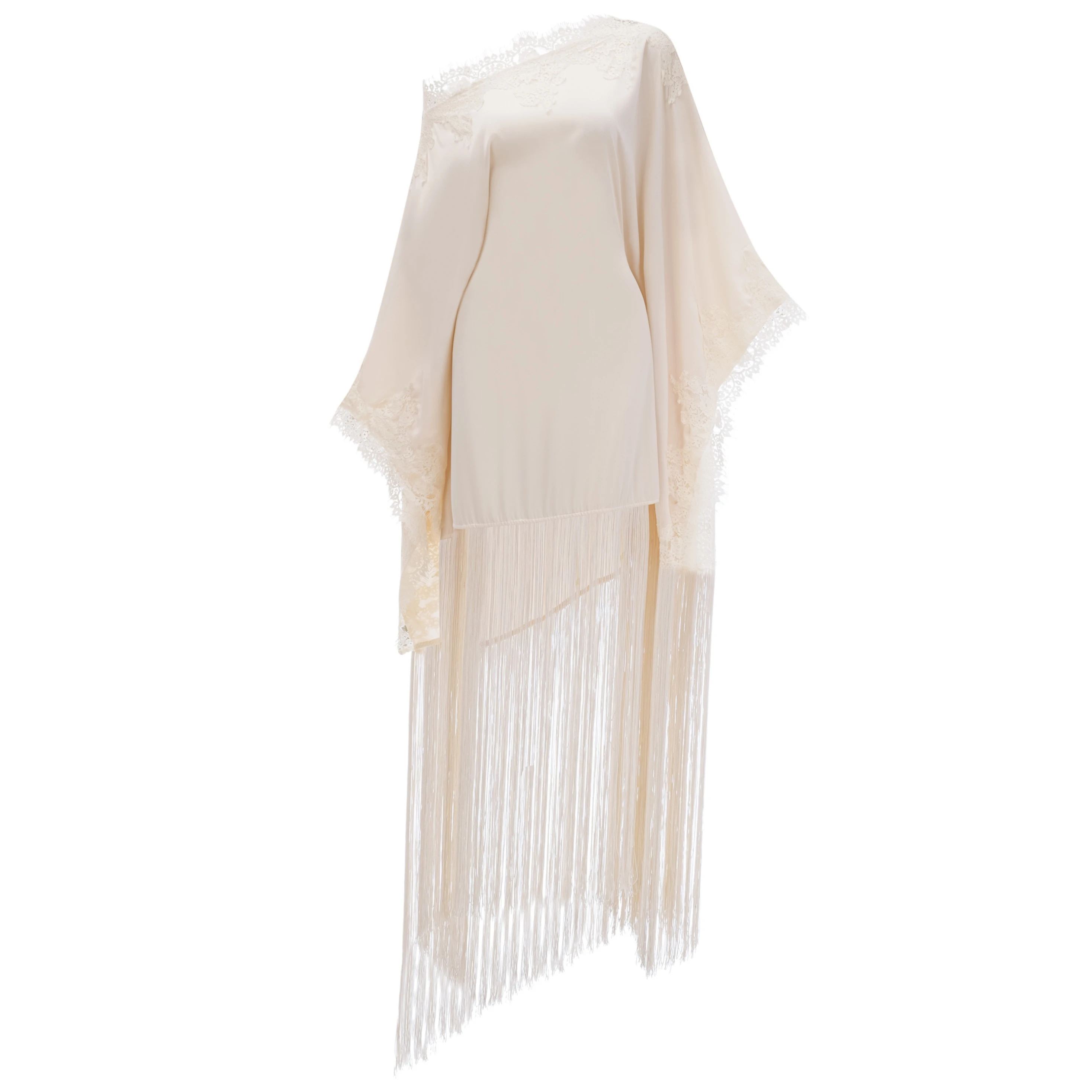 Ivory Lace Trim Fringe One-Shoulder Gown