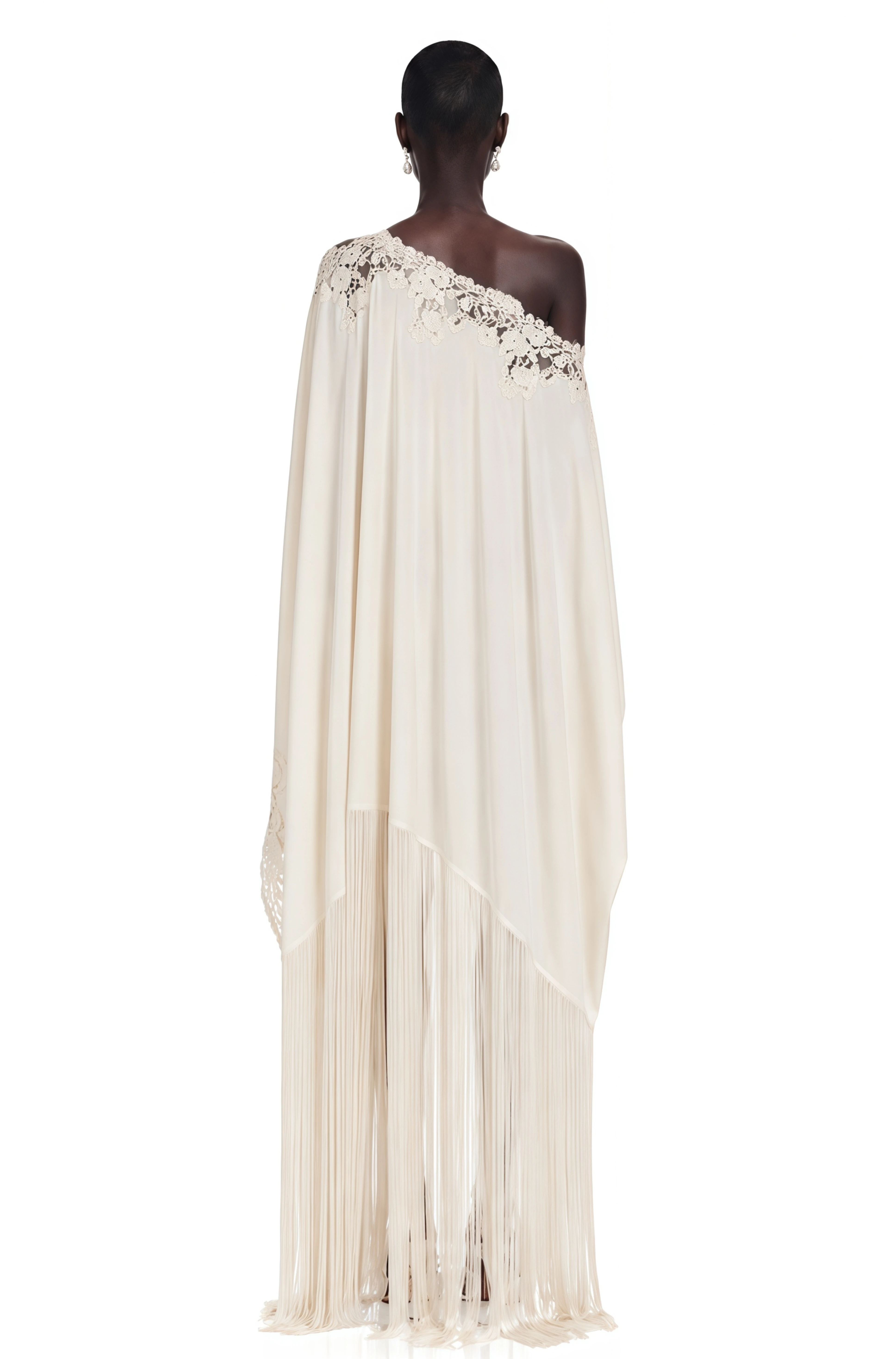 Ivory Lace Trim Fringe One-Shoulder Gown