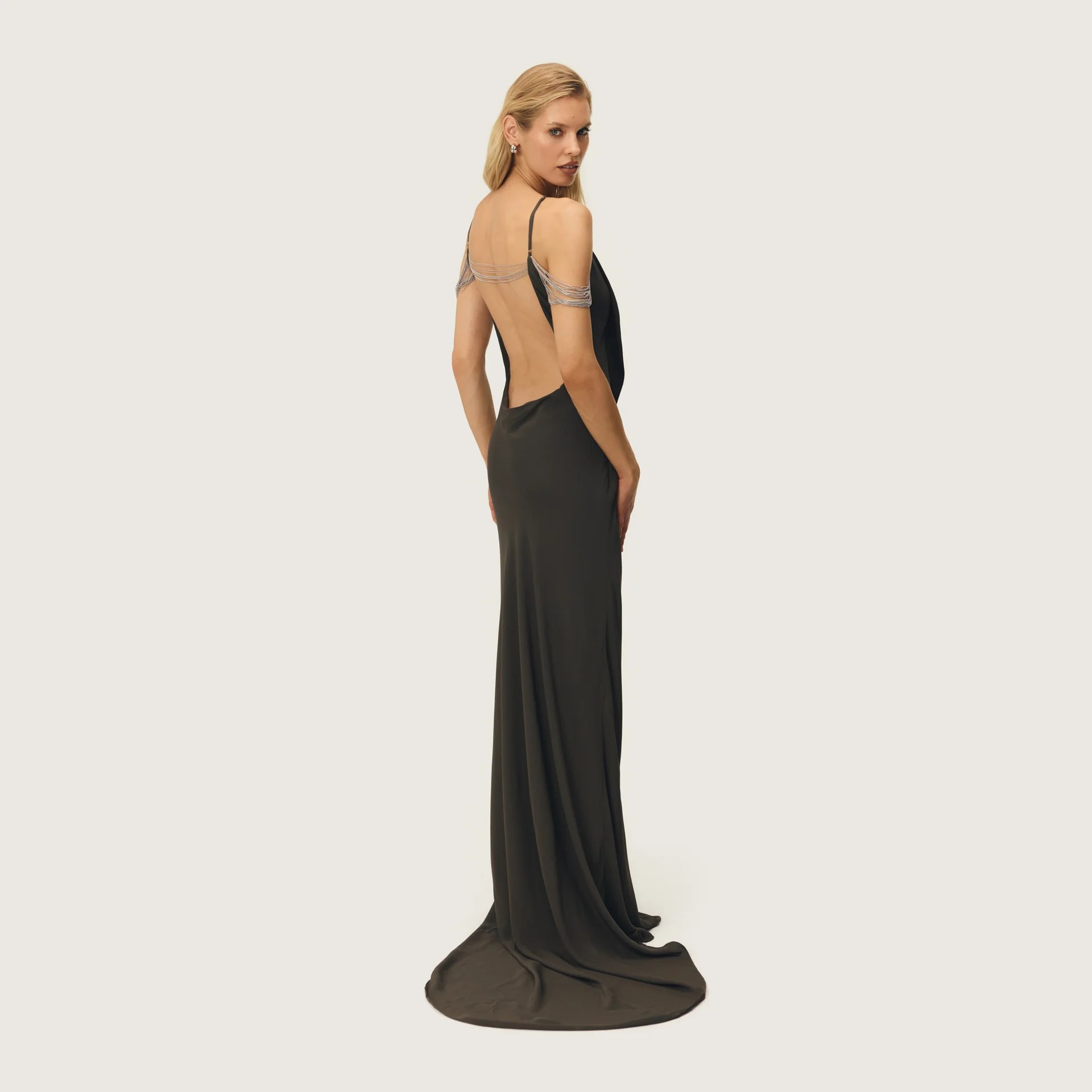 Olive Chain Drape Cowl Evening Gown