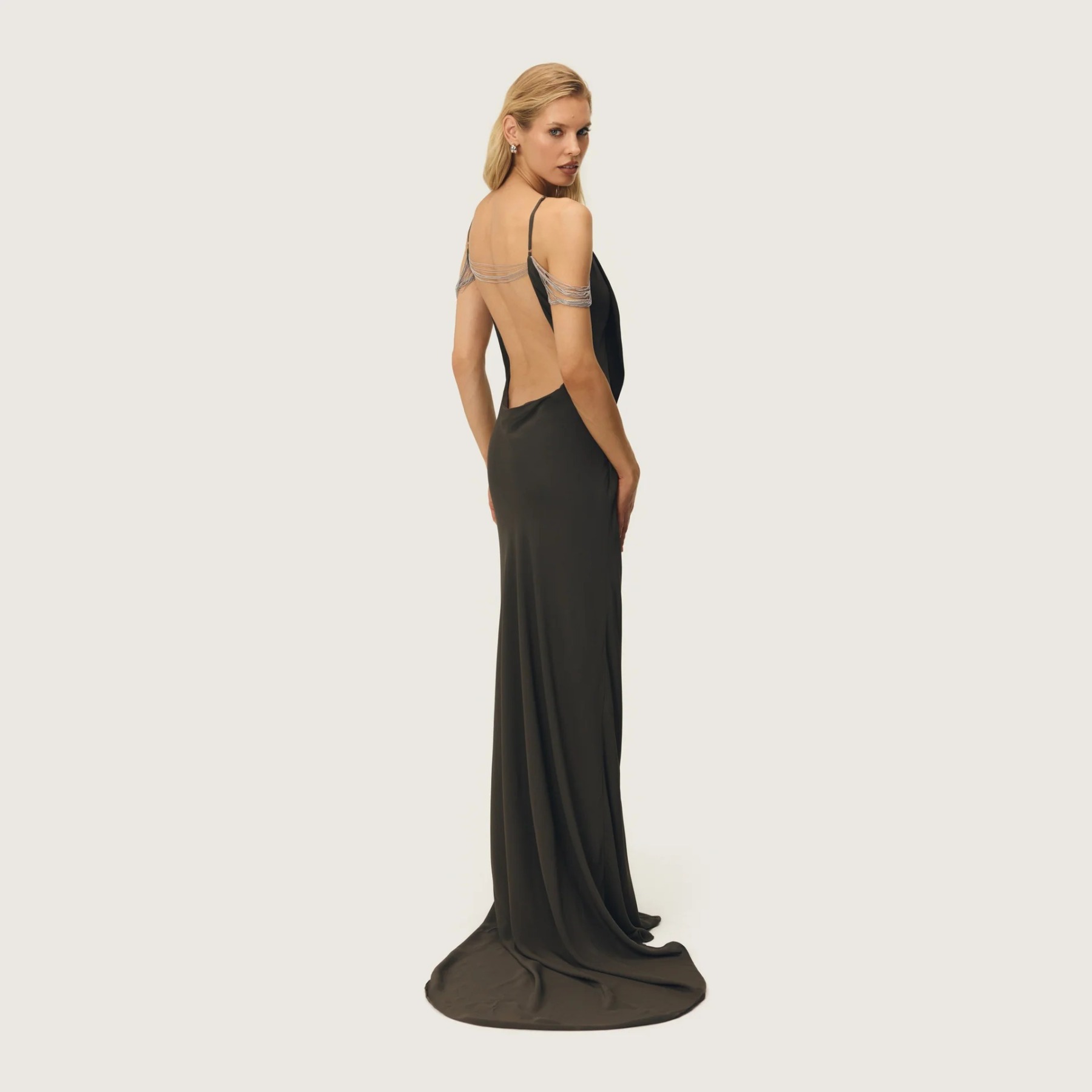 Olive Chain Drape Cowl Evening Gown