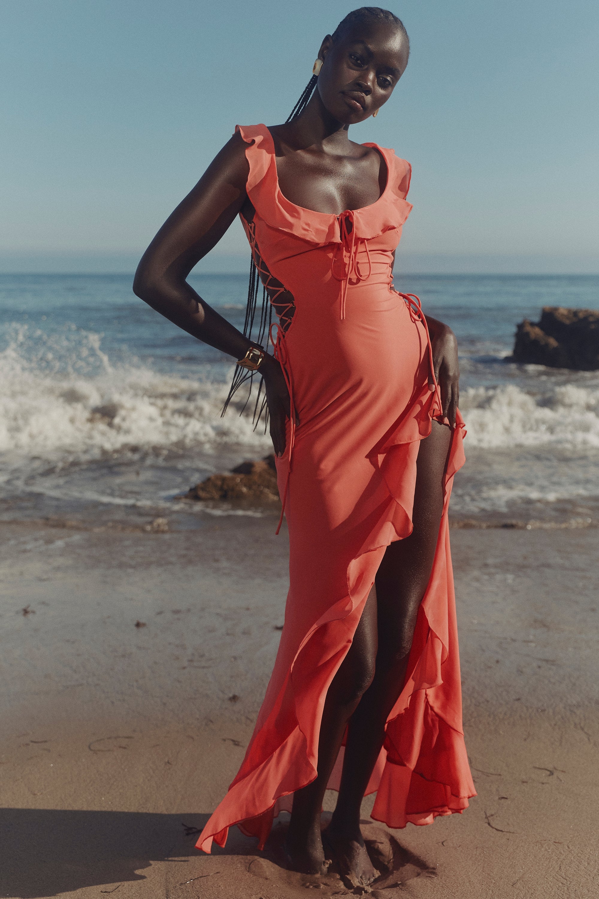 Coral Georgette Ruffle Maxi Dress-ROVOLE