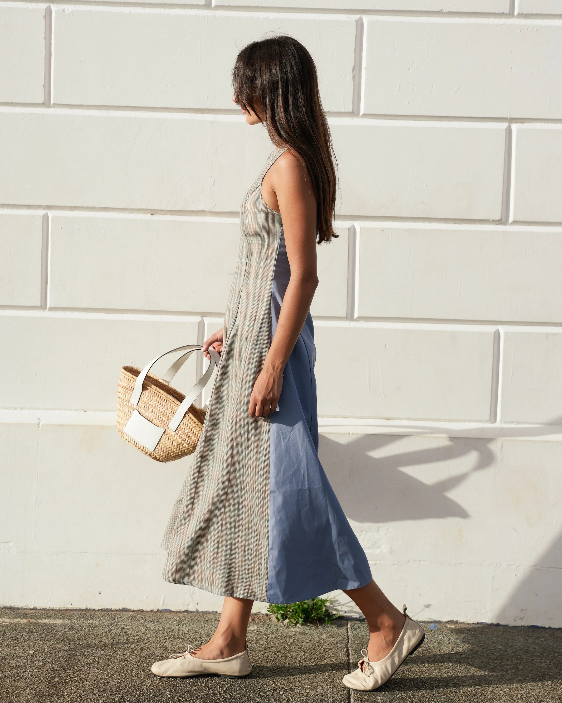 Pinstripe & Blue Panel Sleeveless Midi Dress