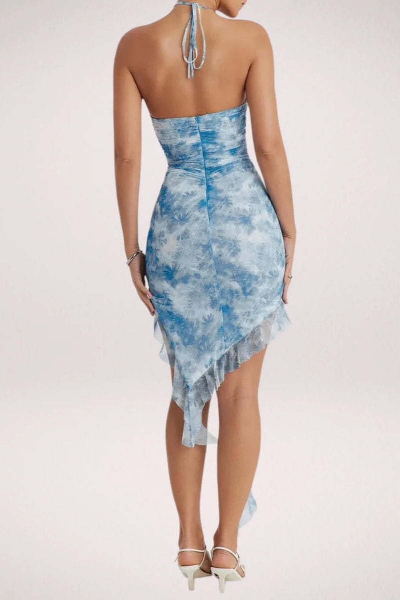 Blue Floral Print Ruffle Mini Dress-ROVOLE