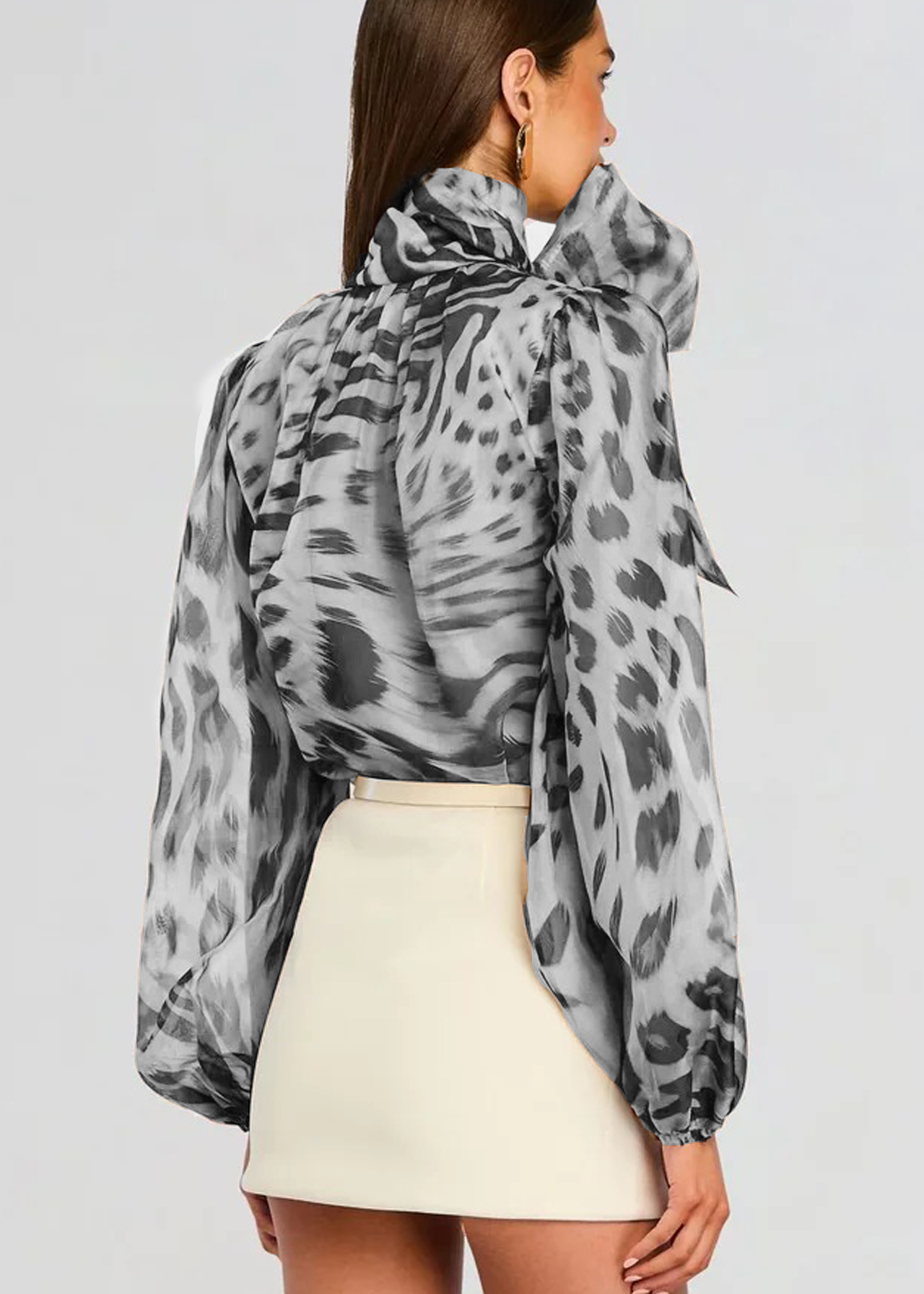 Animal Print Bow-Neck Sheer Blouse