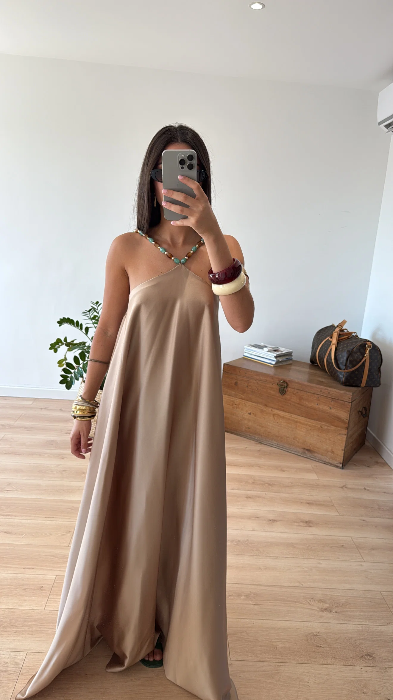 Beaded Halter Satin Maxi Dress