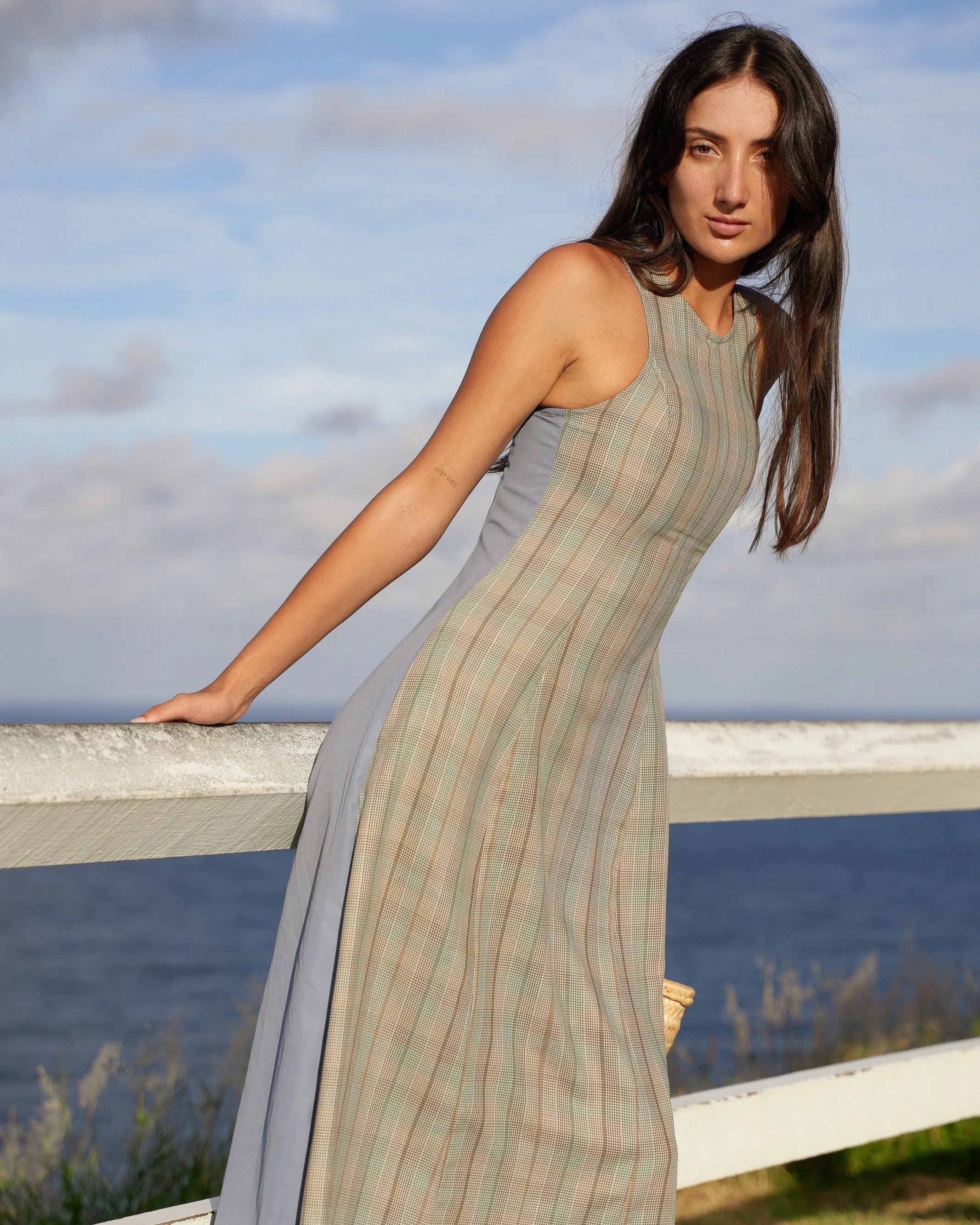 Pinstripe & Blue Panel Sleeveless Midi Dress