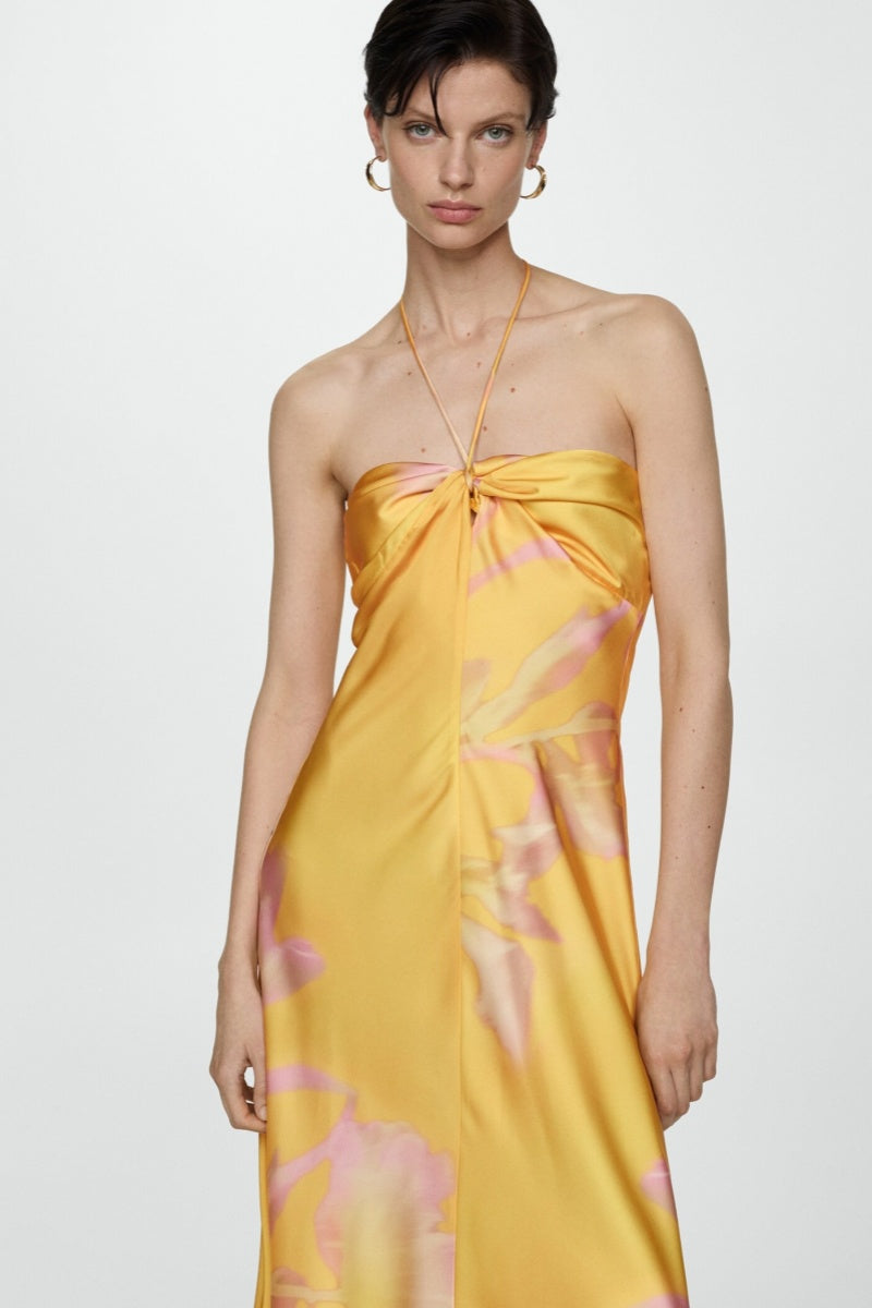 Yellow Printed Satin Maxi Dress-ROVOLE