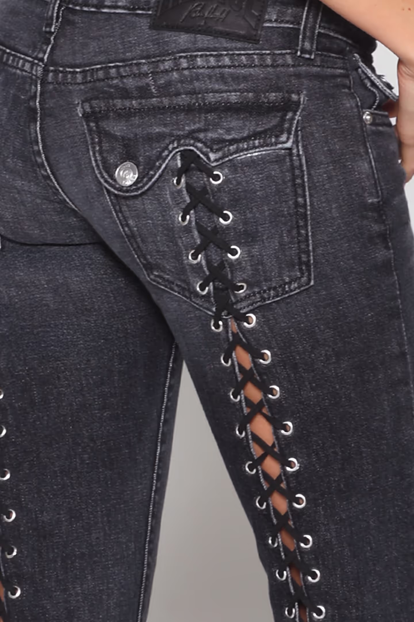 Cut-Out Lace-Up Back Flared Denim Pants 