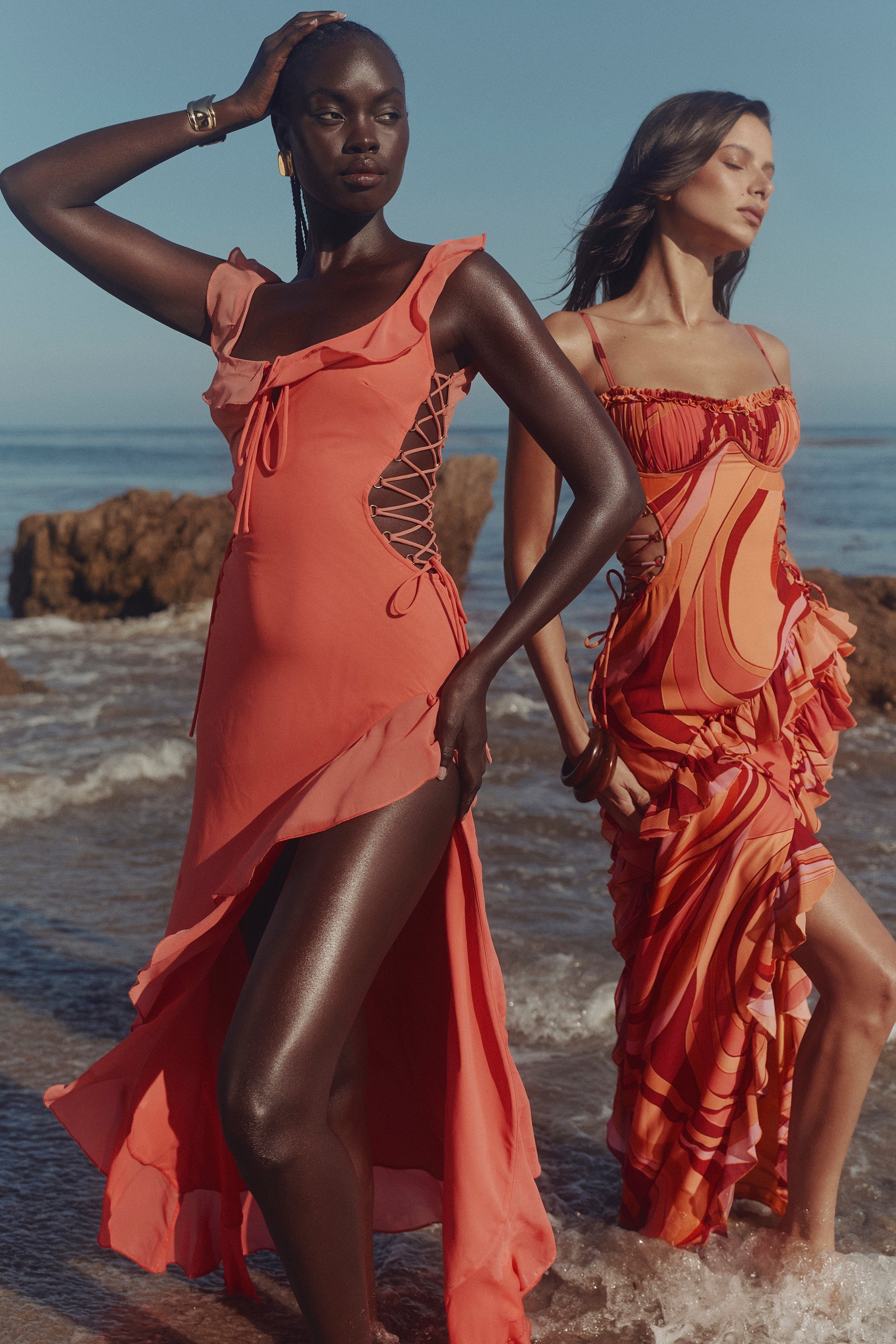 Coral Georgette Ruffle Maxi Dress-ROVOLE