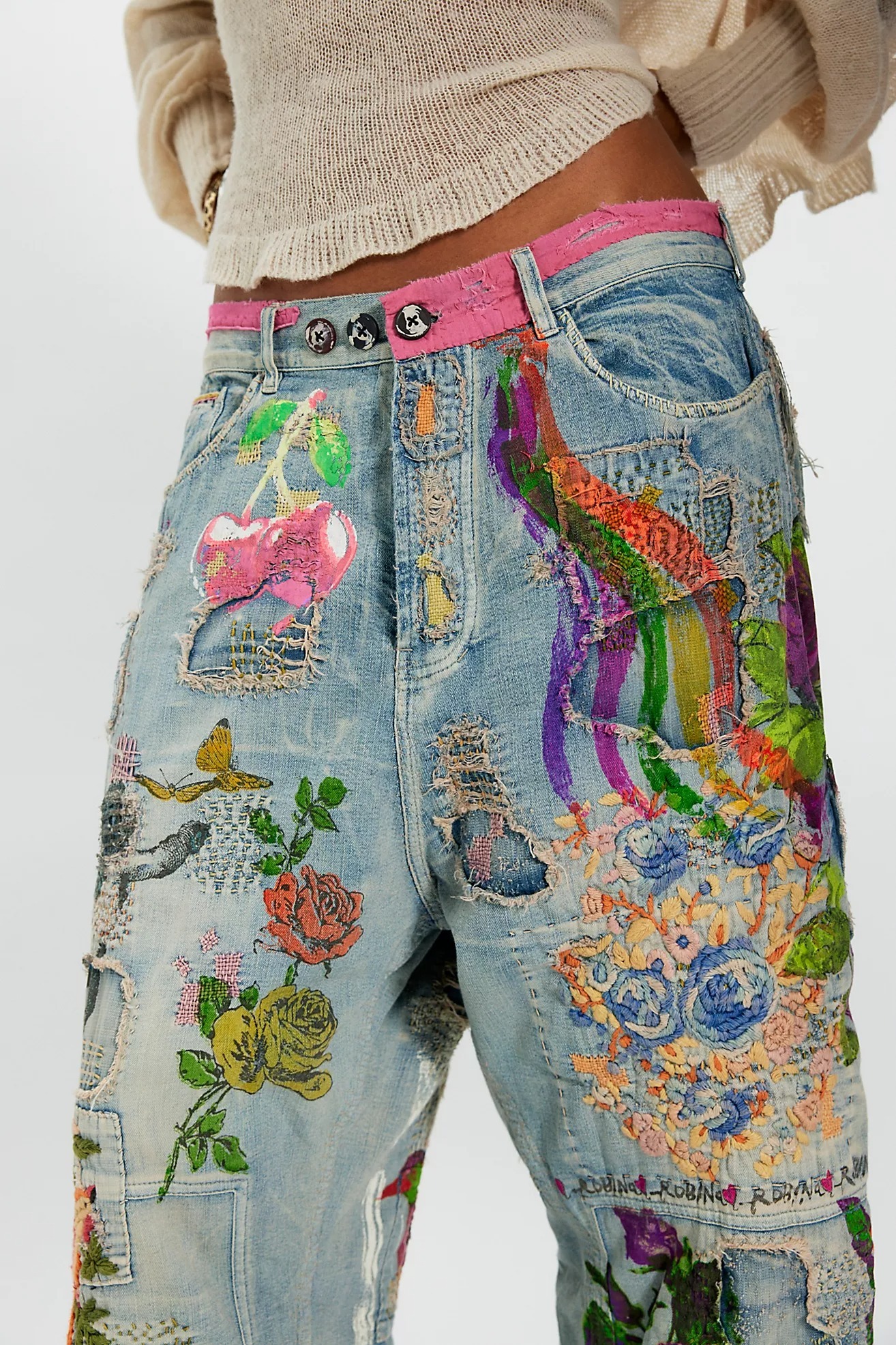 Hippie Graffiti Floral Drop Crotch Jeans