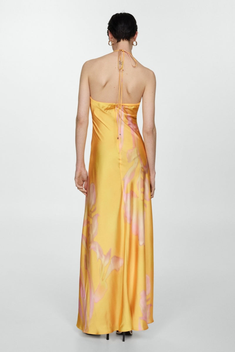 Yellow Printed Satin Maxi Dress-ROVOLE