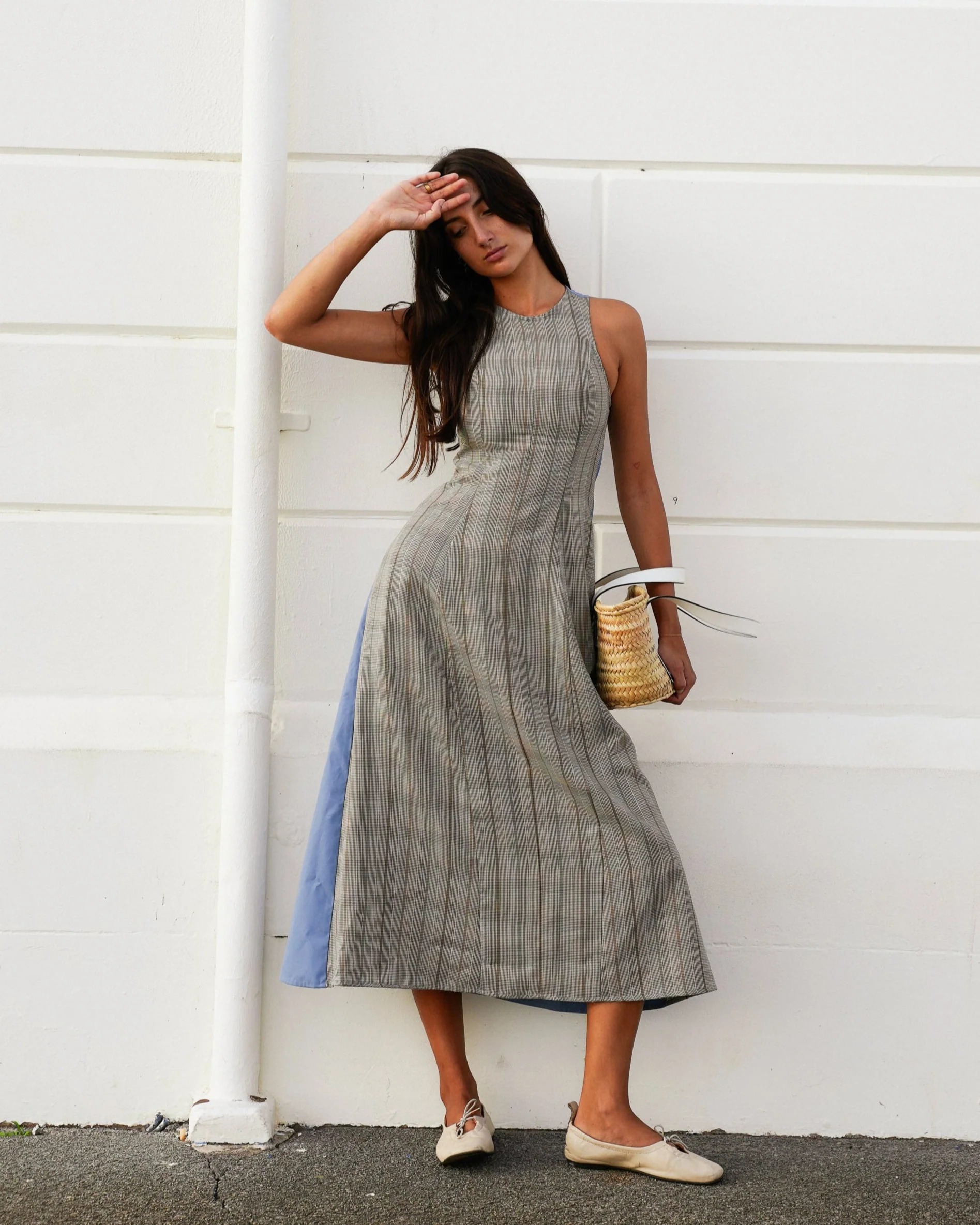 Pinstripe & Blue Panel Sleeveless Midi Dress