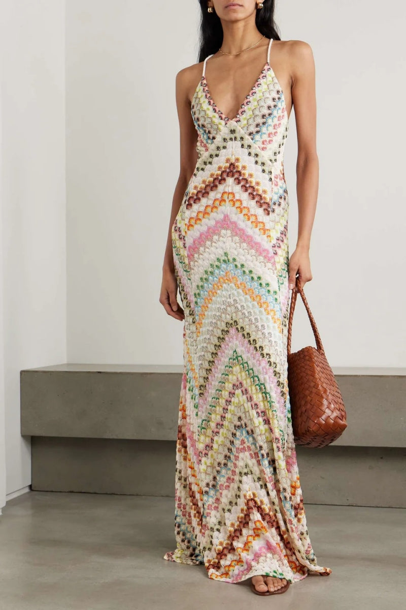 Knit Colorful Herringbone Print Open Beck Maxi Dress-ROVOLE