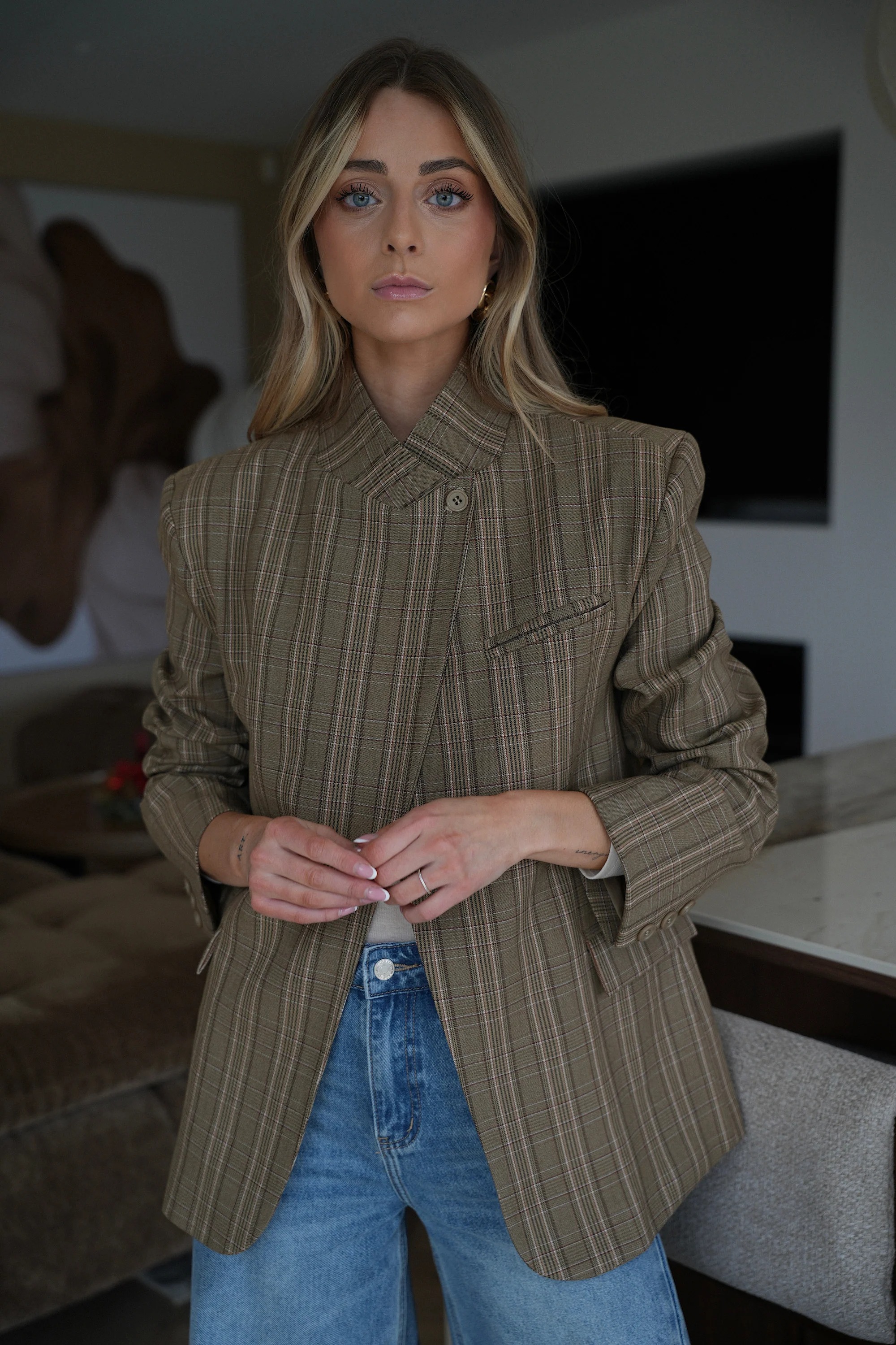 Olive Plaid Asymmetric Blazer