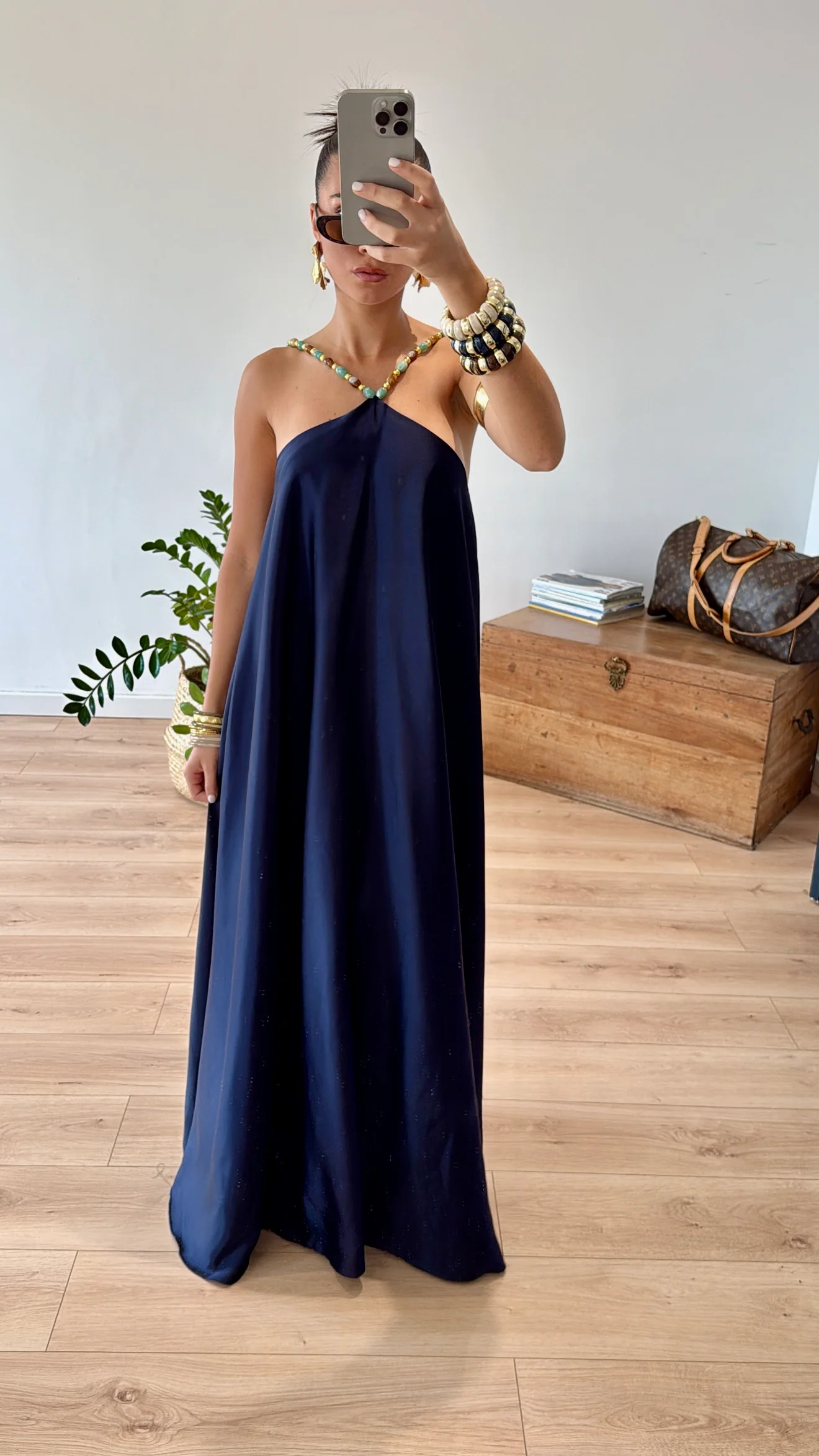 Beaded Halter Satin Maxi Dress
