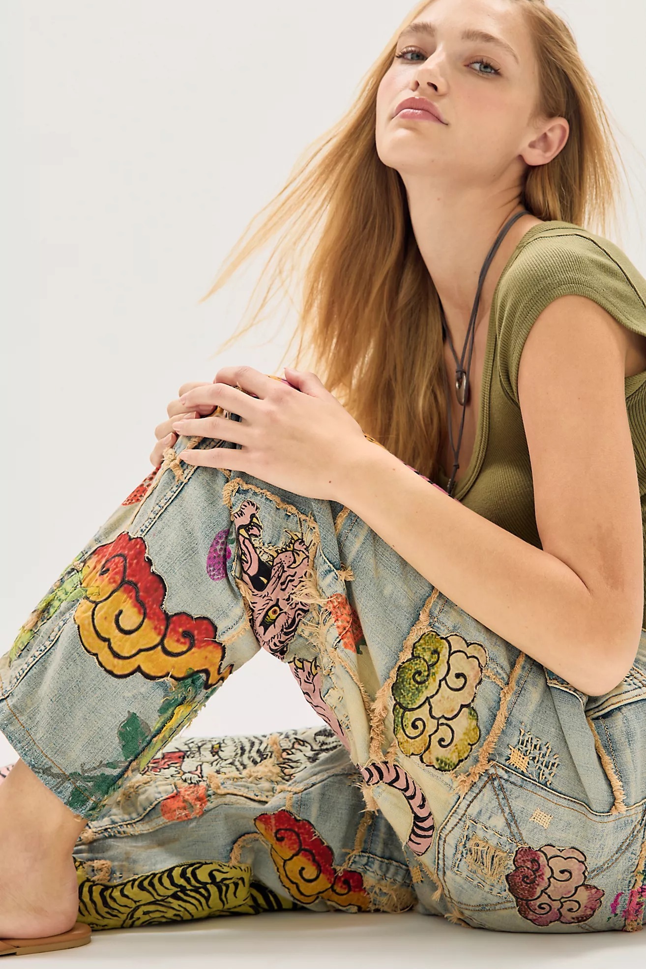 Tiger & Floral Patchwork Wide Leg Jeans