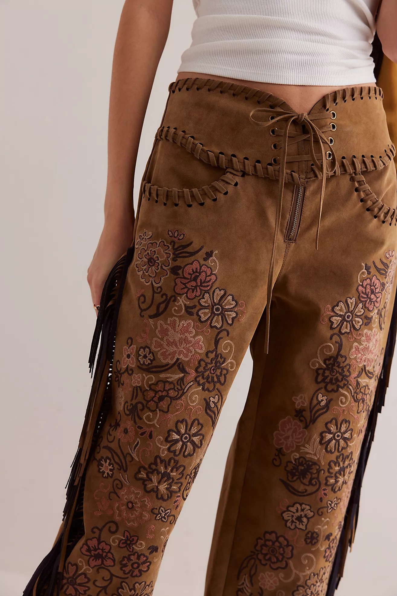 Western Floral Fringe Flare Pants