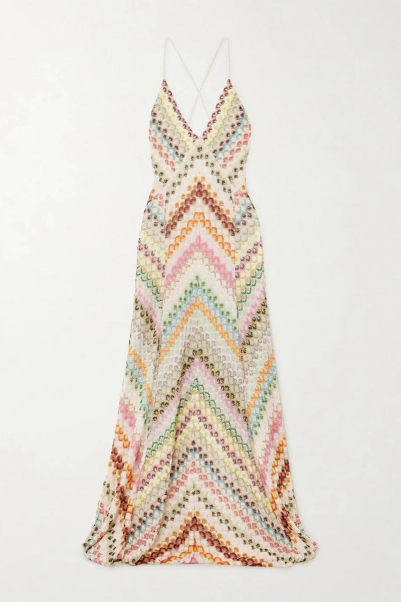 Knit Colorful Herringbone Print Open Beck Maxi Dress-ROVOLE