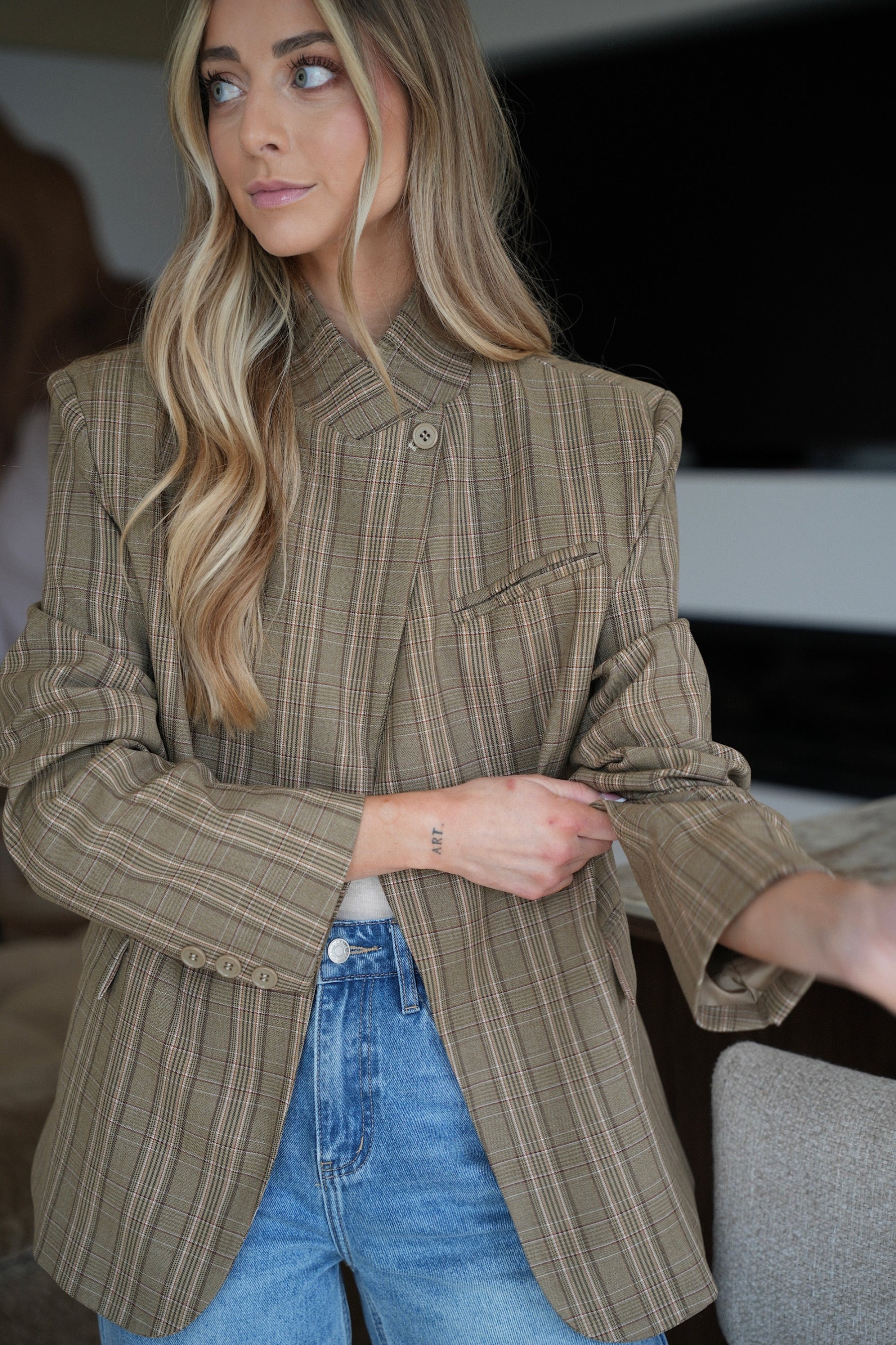 Olive Plaid Asymmetric Blazer