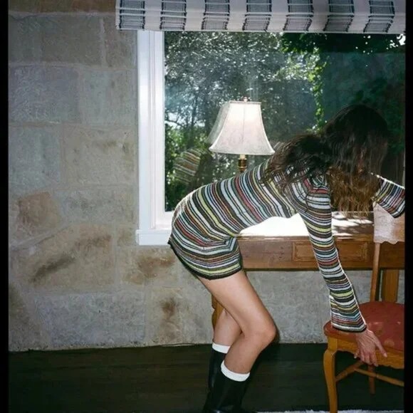 Multi-Stripe Long-Sleeve Fitted Knit Mini Dress