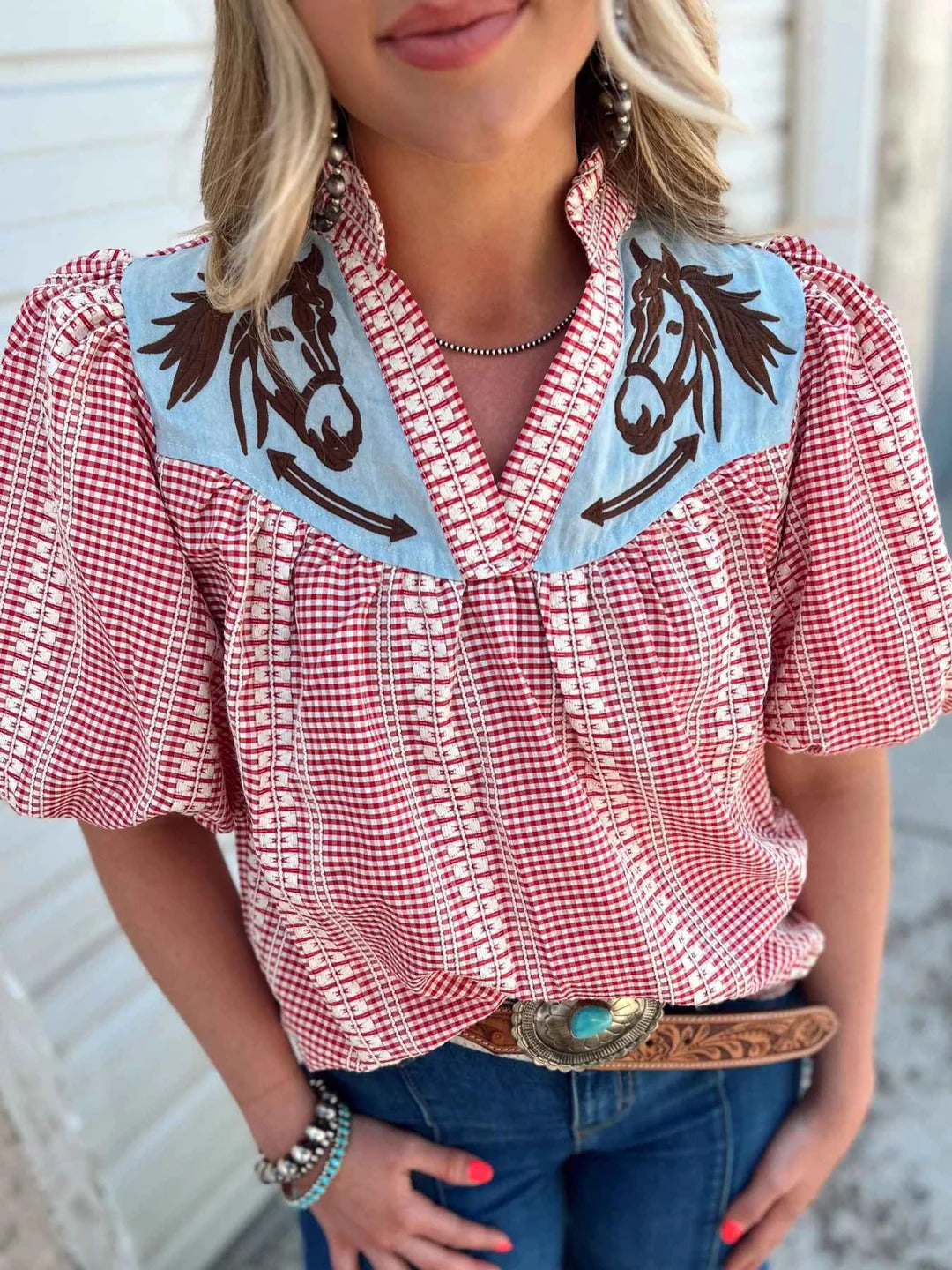 Prairie Horse Gingham Puff Sleeve Blouse-ROVOLE
