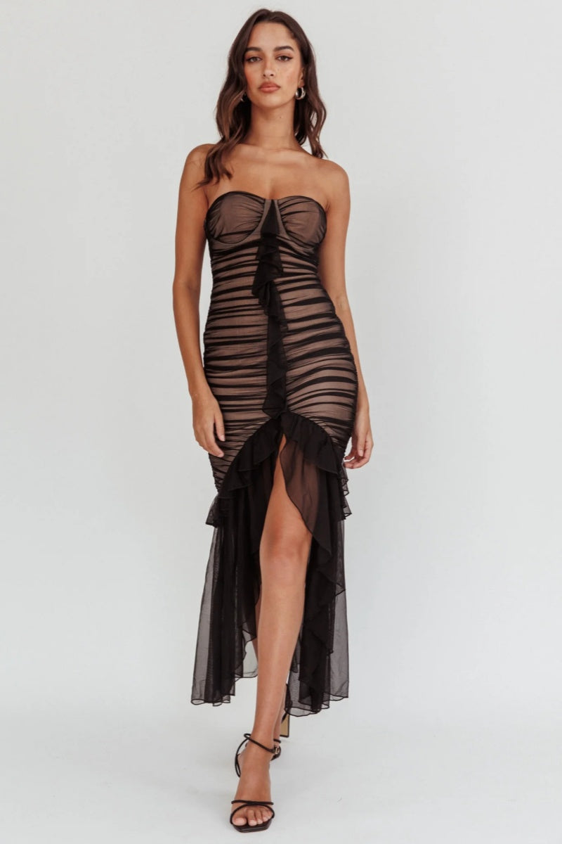 Off-The-Shoulder High-Low Hem Mesh Midi Dress-ROVOLE
