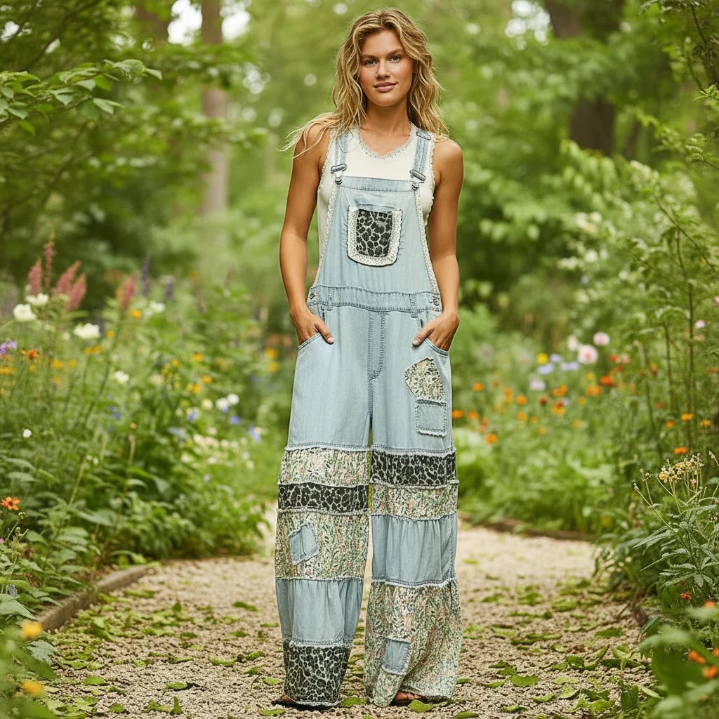 Patchwork Wide-Leg Denim Overalls