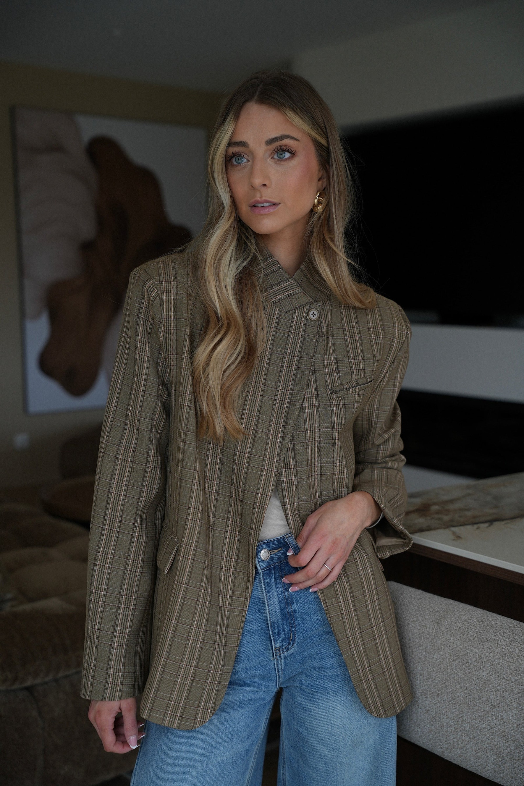 Olive Plaid Asymmetric Blazer
