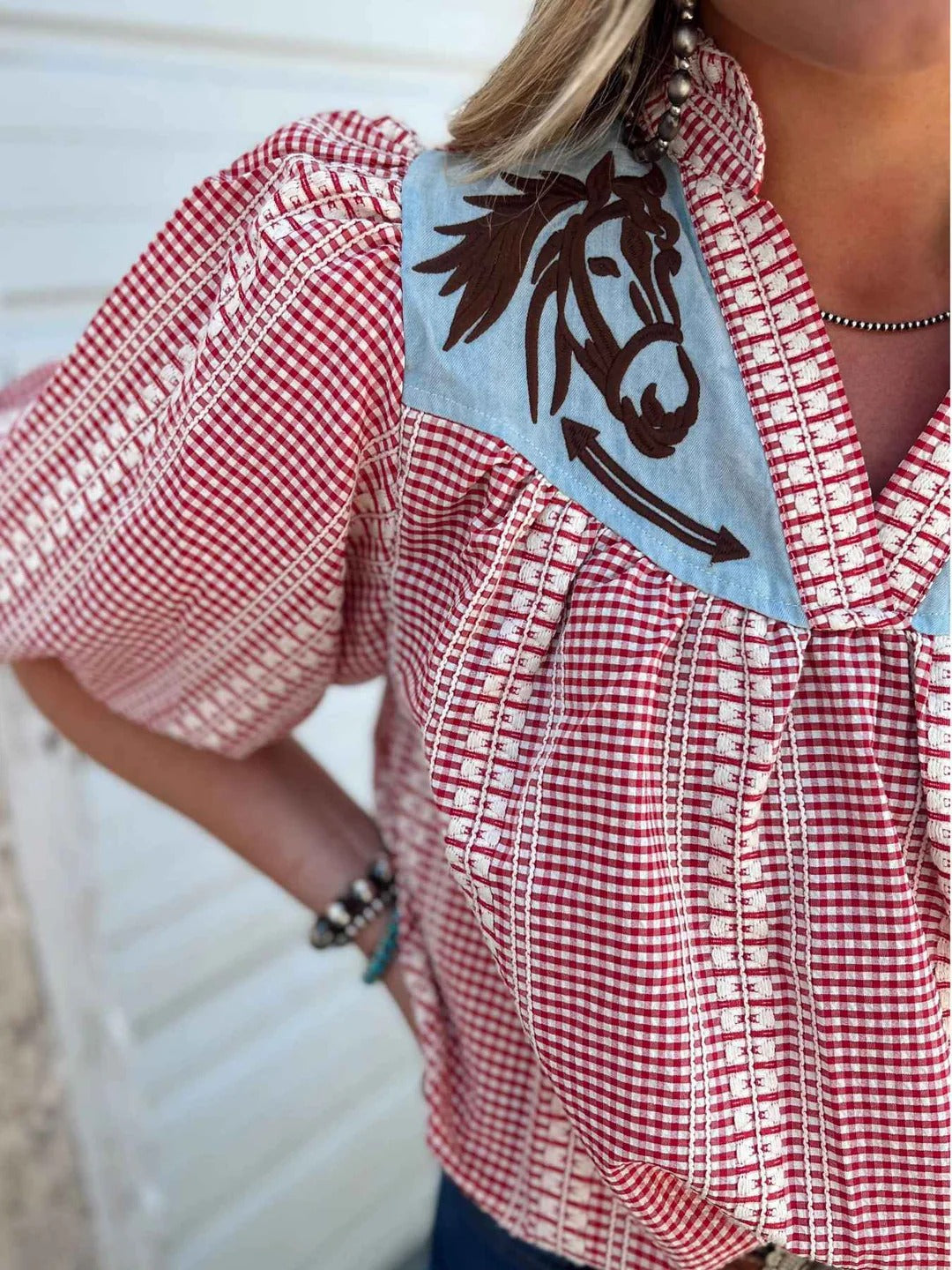 Prairie Horse Gingham Puff Sleeve Blouse-ROVOLE