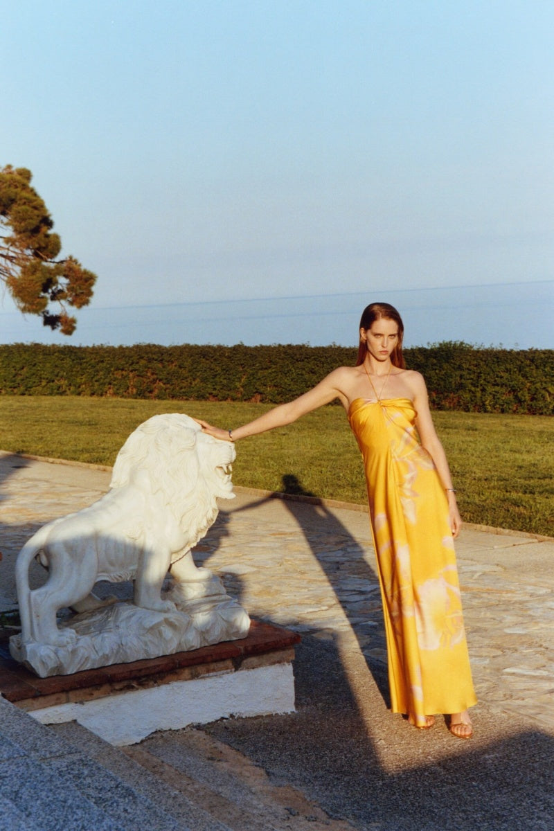 Yellow Printed Satin Maxi Dress-ROVOLE