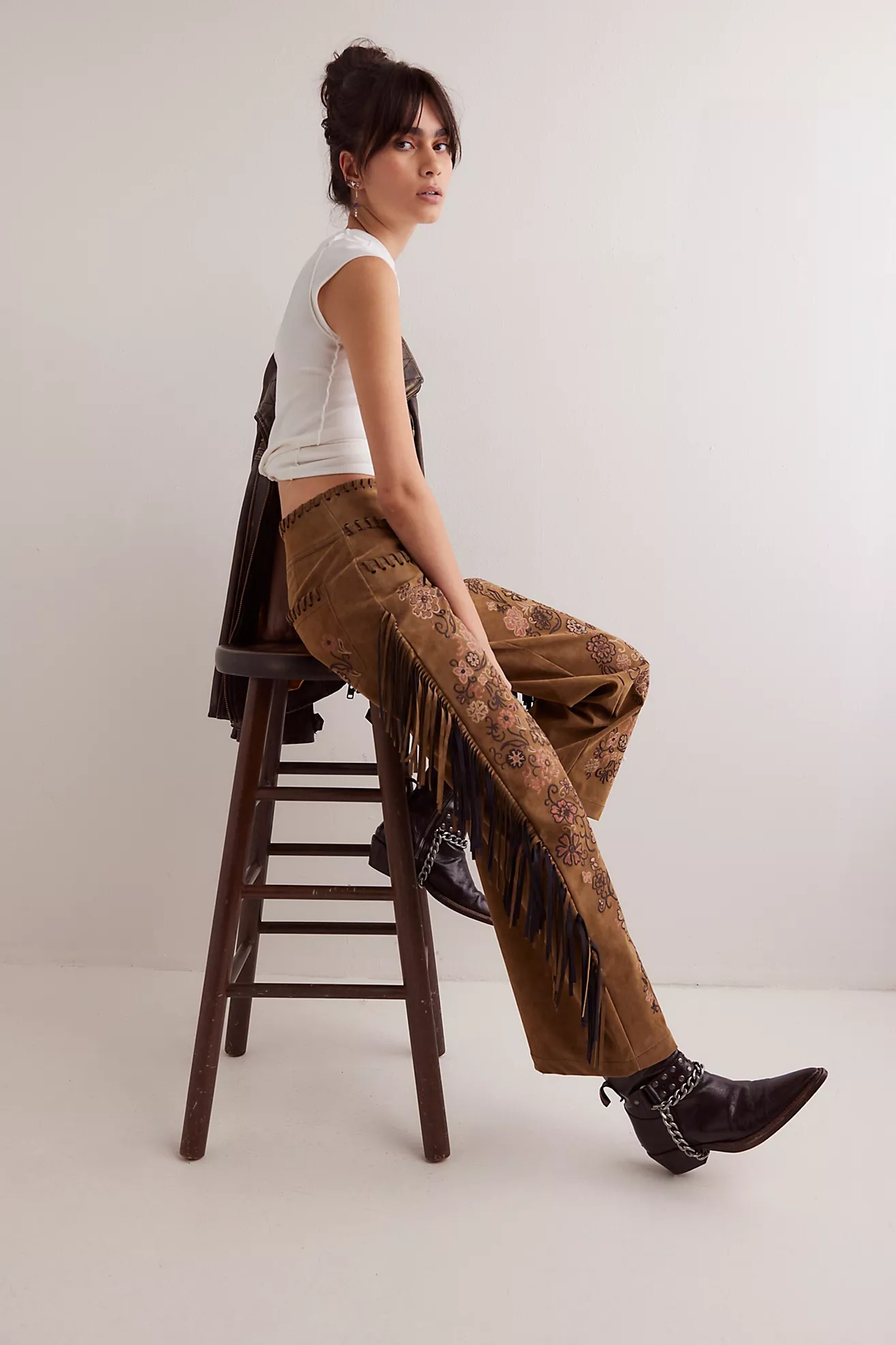 Western Floral Fringe Flare Pants